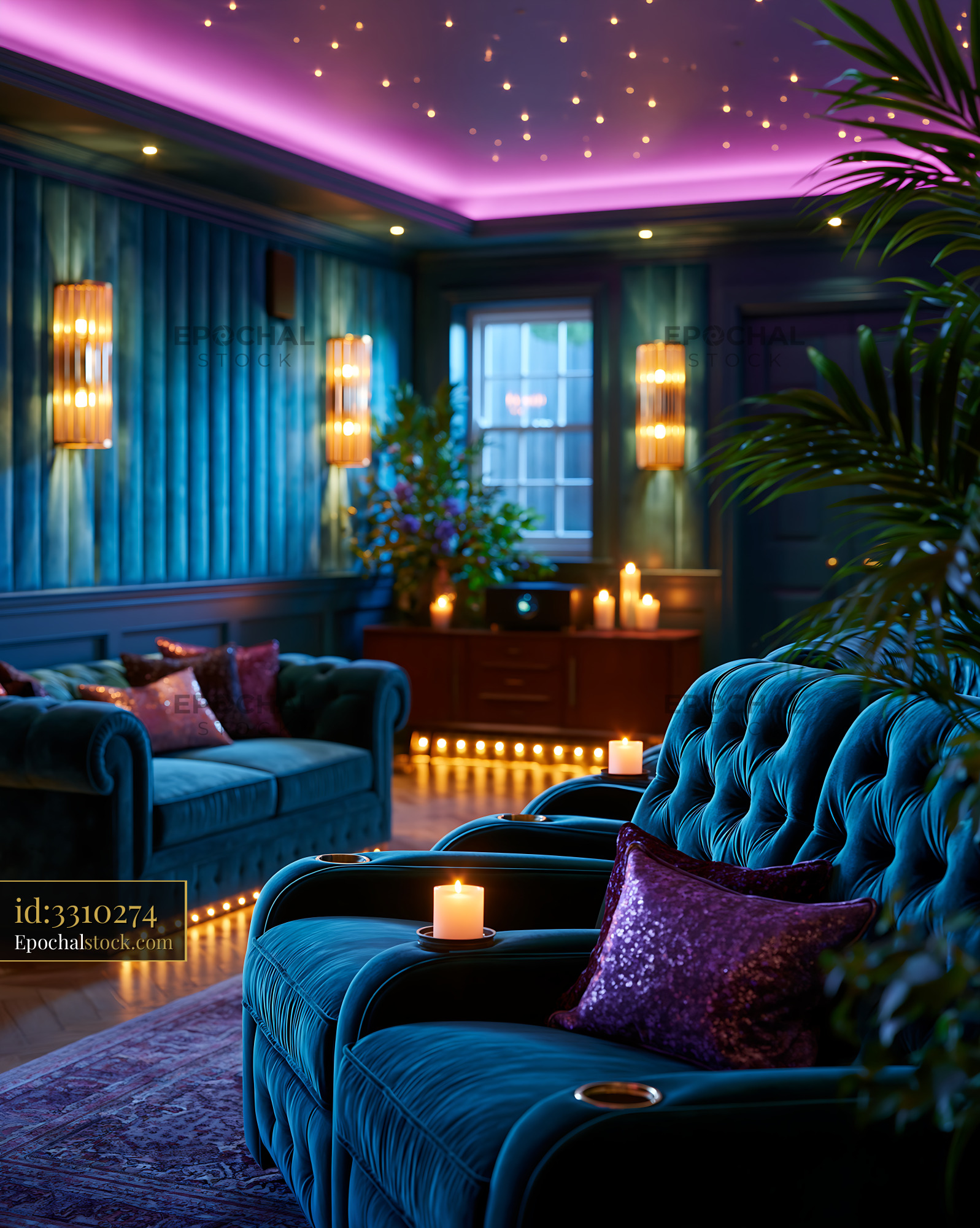Watermarked full-resolution preview of Cozy lounge with blue velvet furniture and ambient lighting
