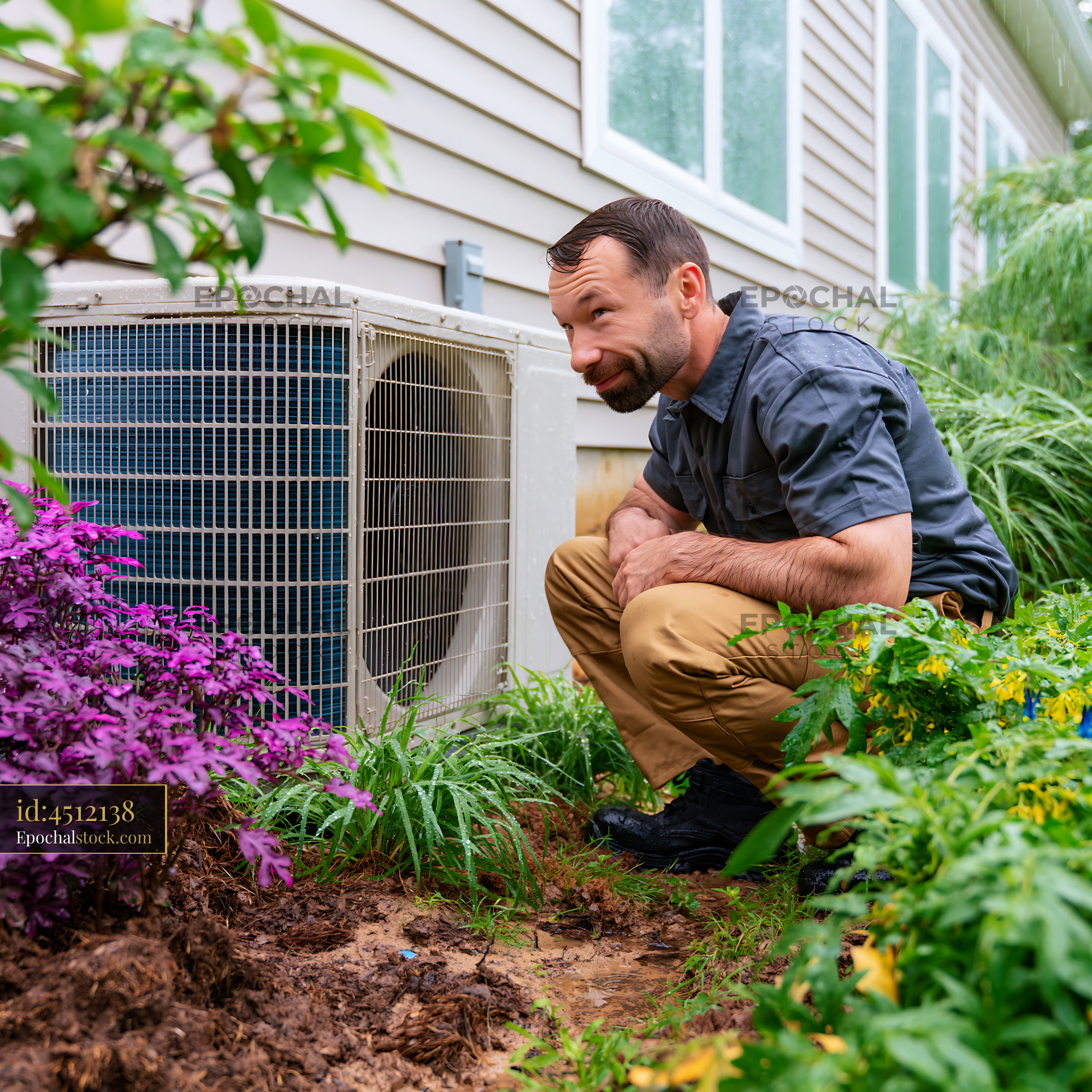 Watermarked full-resolution preview of Maintenance worker examines air conditioning unit in garden