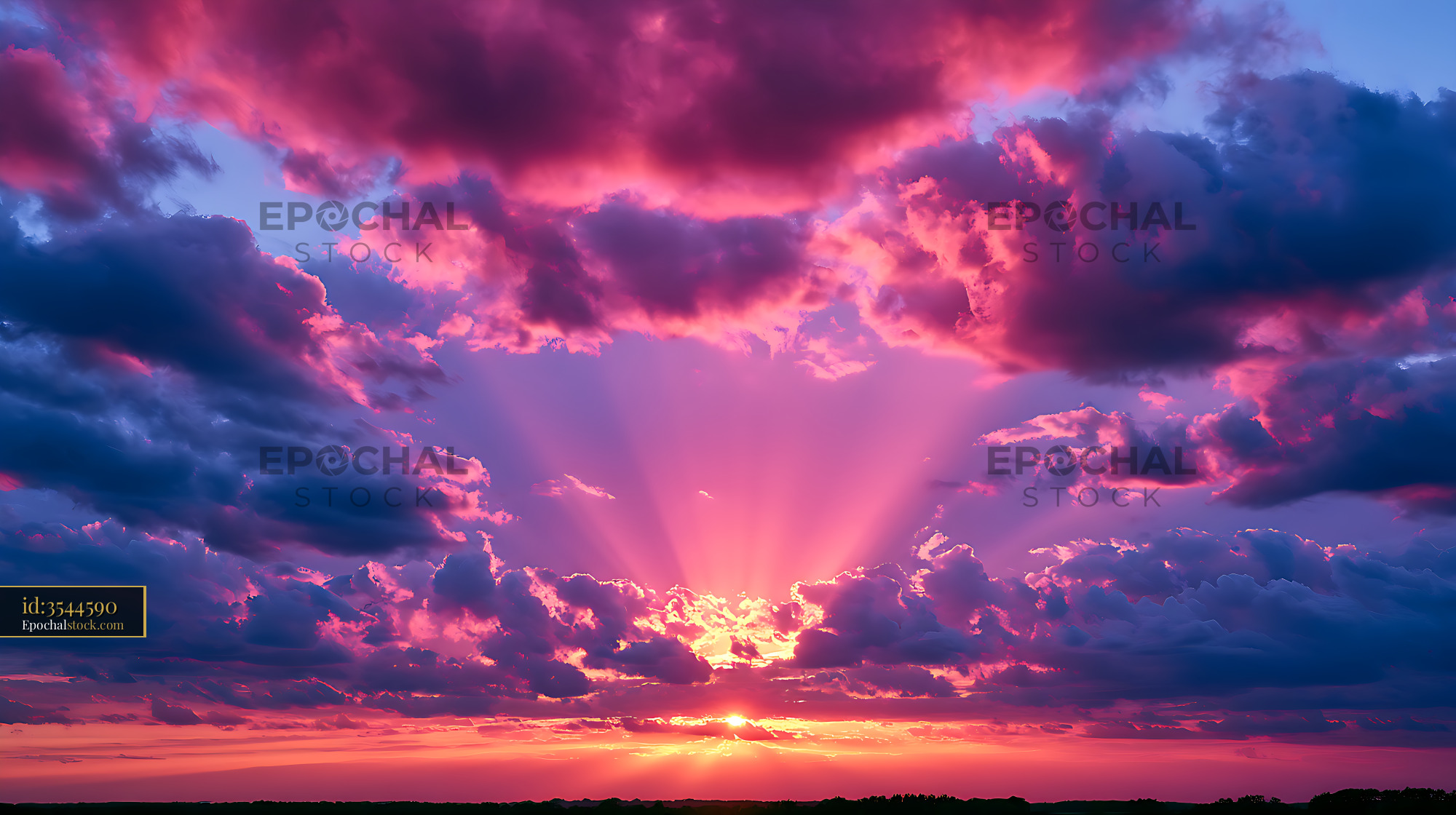 Watermarked full-resolution preview of Colorful sunset with glowing clouds and sun rays