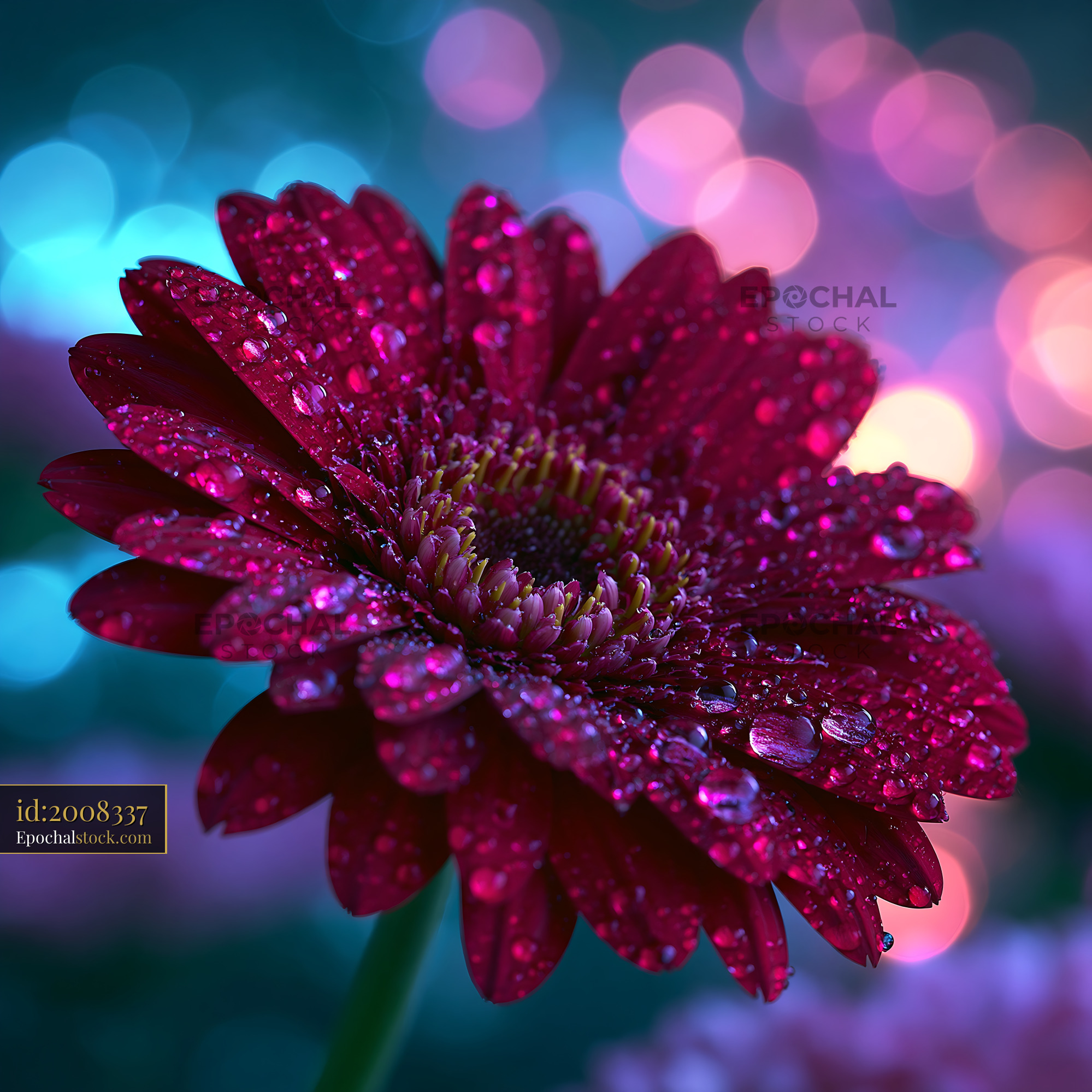 Watermarked full-resolution preview of Red flower with droplets against blurred colorful background