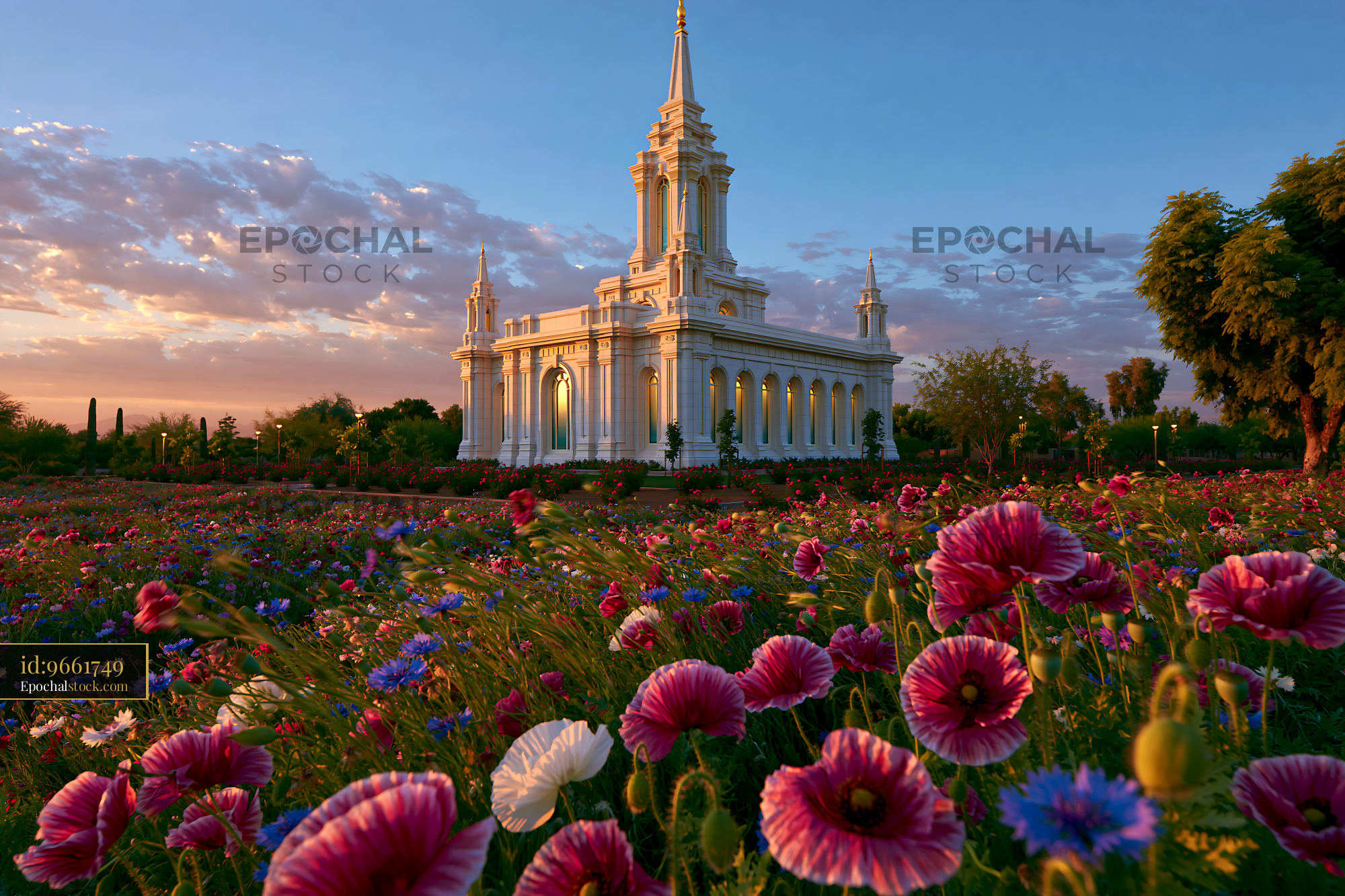Watermarked full-resolution preview of Sunset over a temple surrounded by colorful flowers