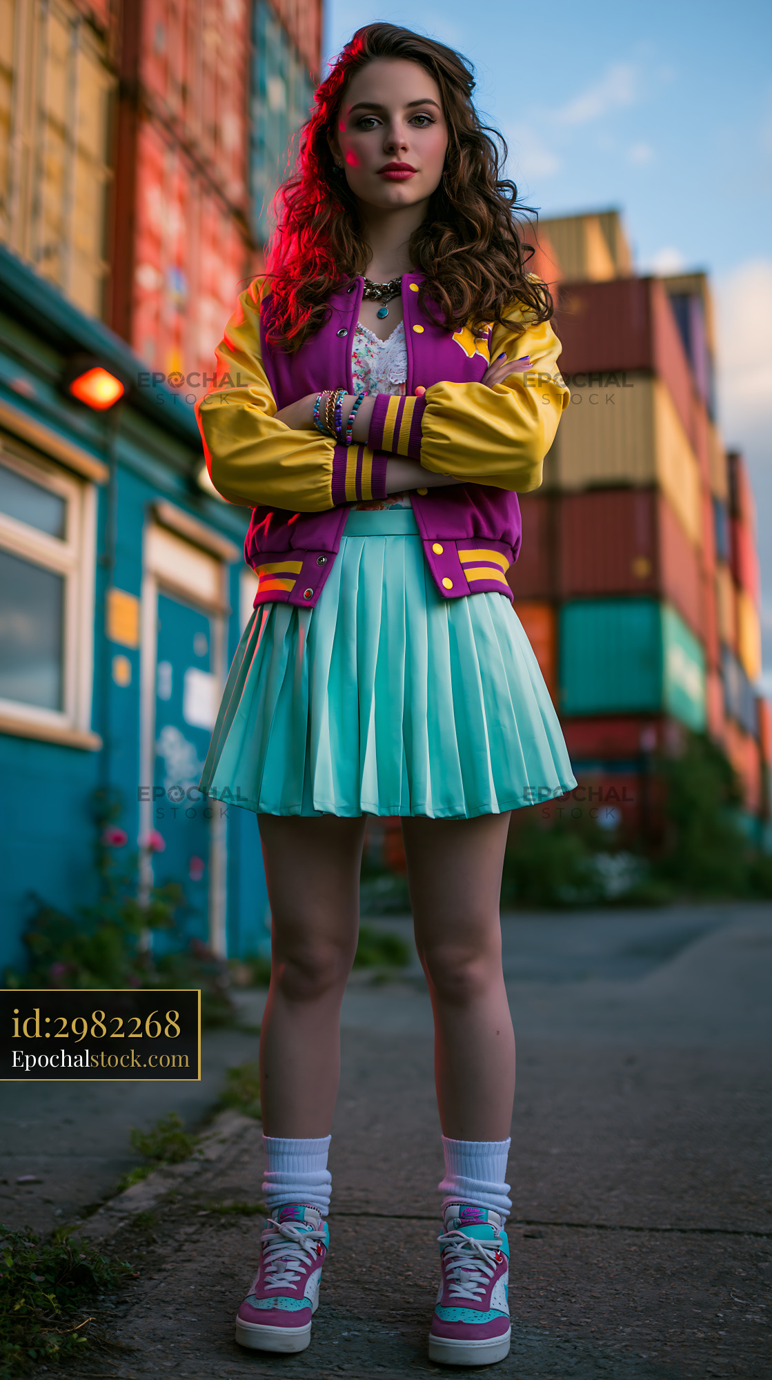 Watermarked full-resolution preview of Young woman in a colorful outfit stands near shipping containers