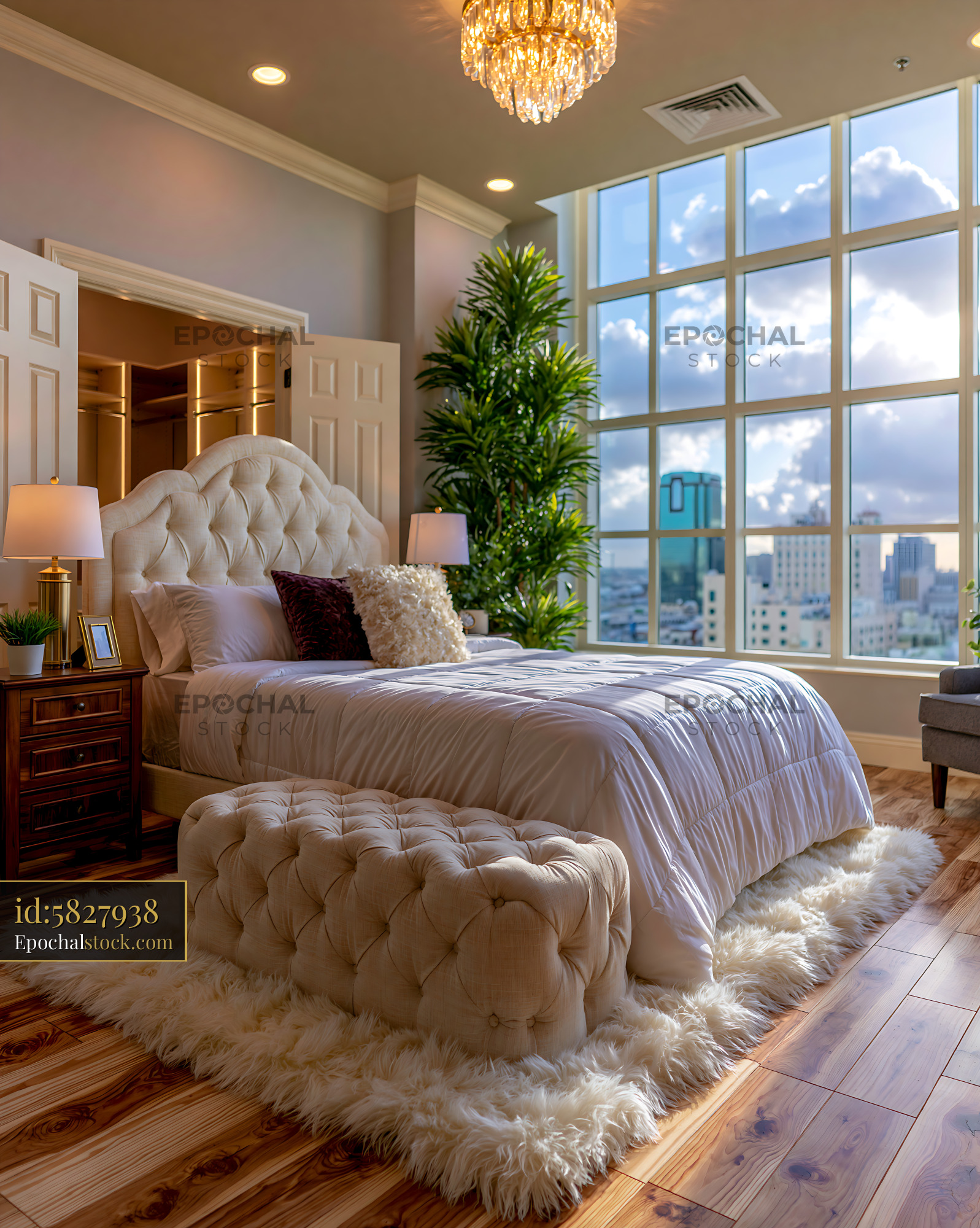 Watermarked full-resolution preview of Modern bedroom with large windows and city view
