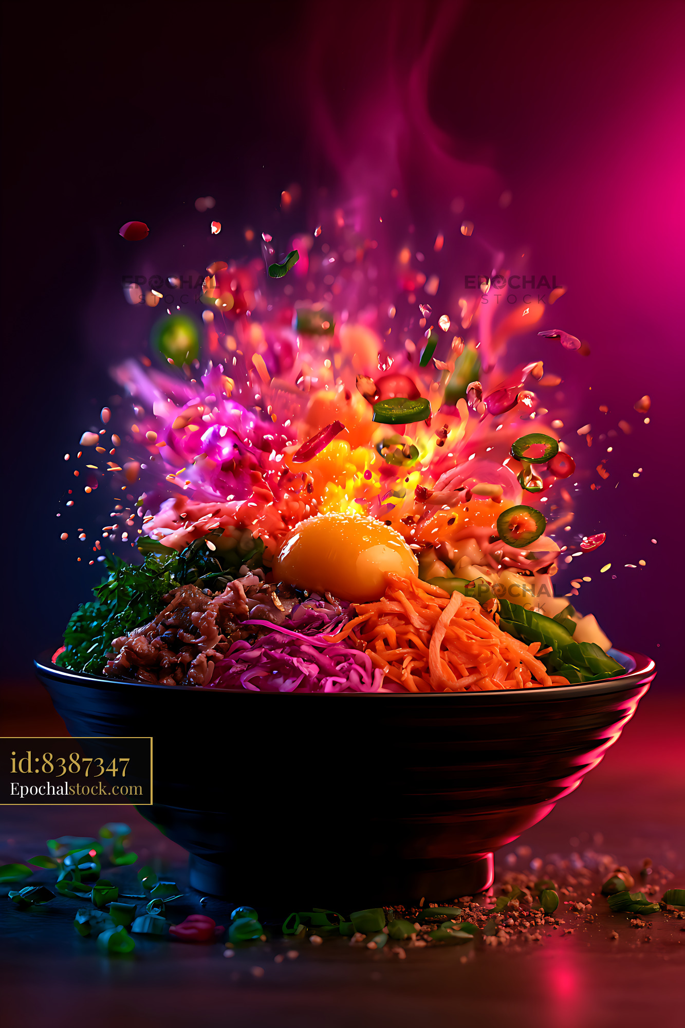 Watermarked full-resolution preview of Vibrant vegetable salad in a bowl with splashing ingredients