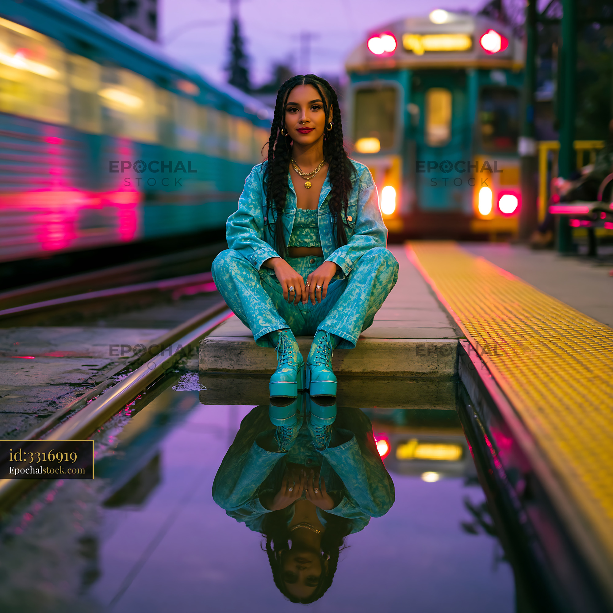 Watermarked full-resolution preview of Fashionable woman seated on subway tracks with reflection