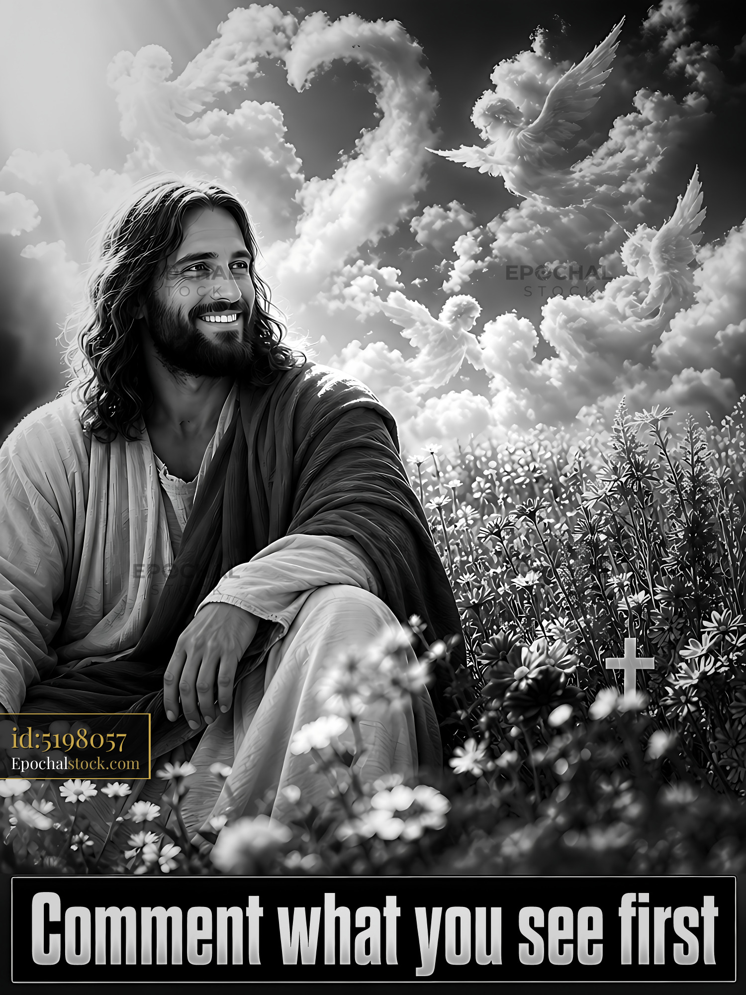 Man With Long Hair Sits Among Flowers in a Field - stock photo