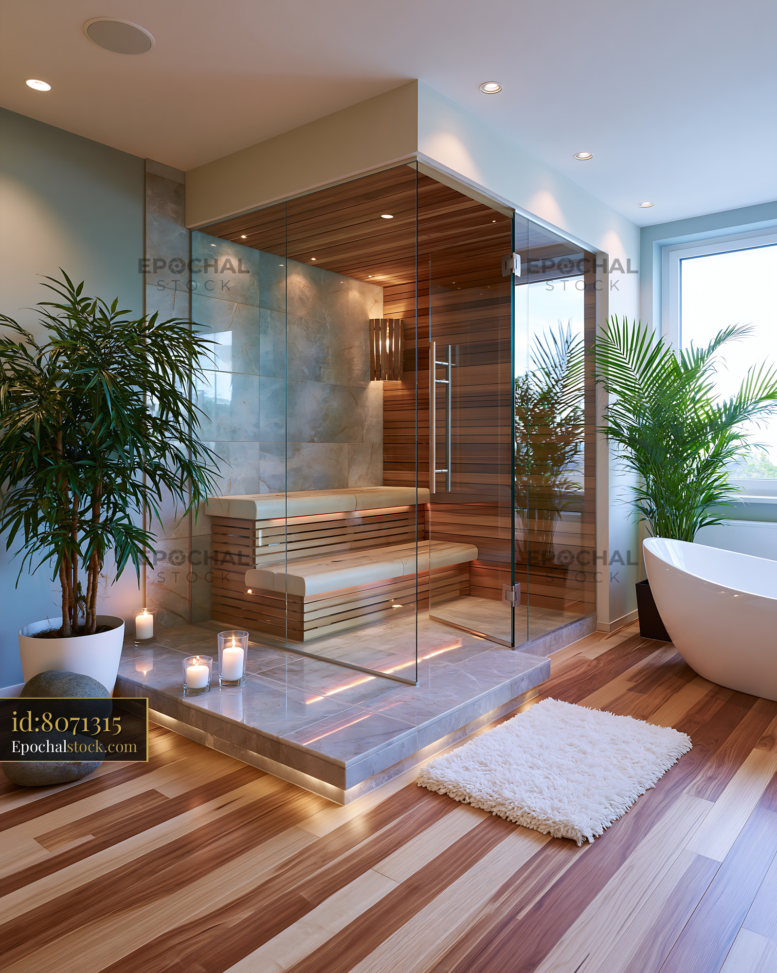 Watermarked full-resolution preview of Modern bathroom with glass shower and sauna area