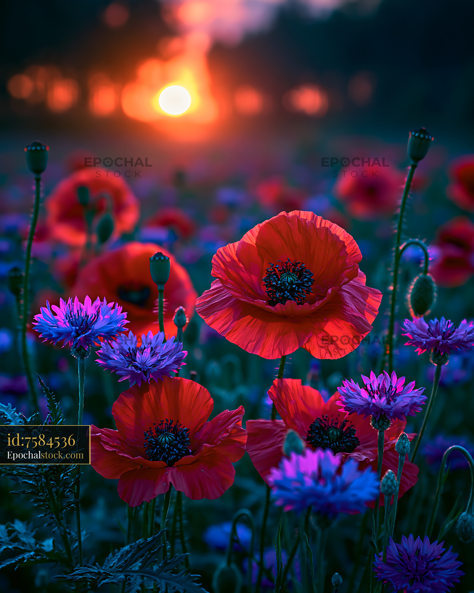 Watermarked full-resolution preview of Vibrant flowers at sunset in a poppy field
