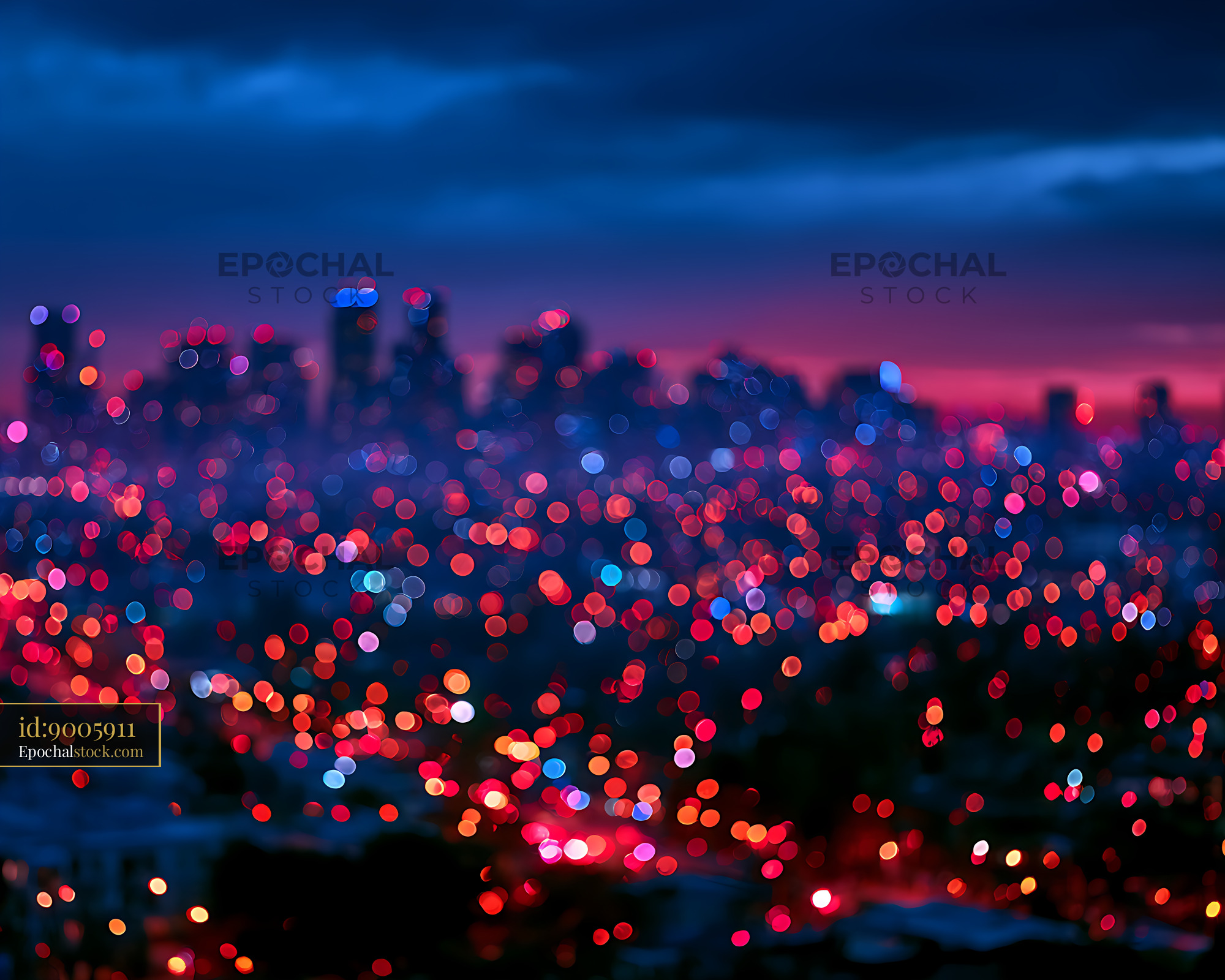 Watermarked full-resolution preview of Abstract colorful bokeh cityscape at twilight