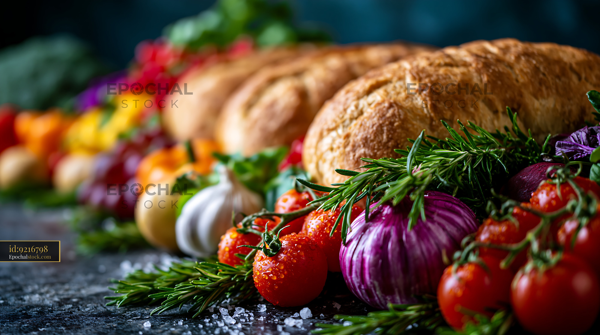 Watermarked full-resolution preview of Rustic bread and colorful fresh produce