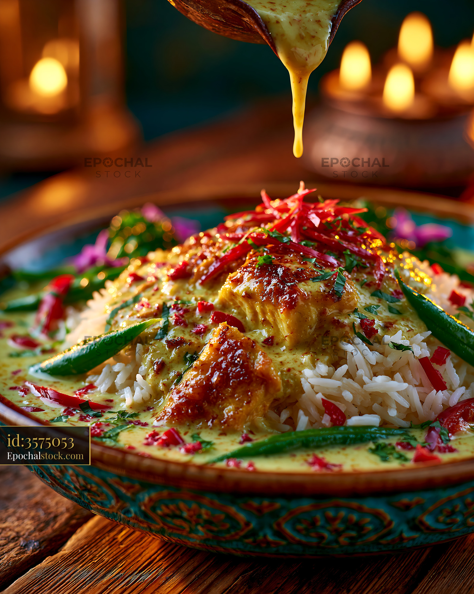 Watermarked full-resolution preview of Vibrant plate of rice with curry and vegetables being served