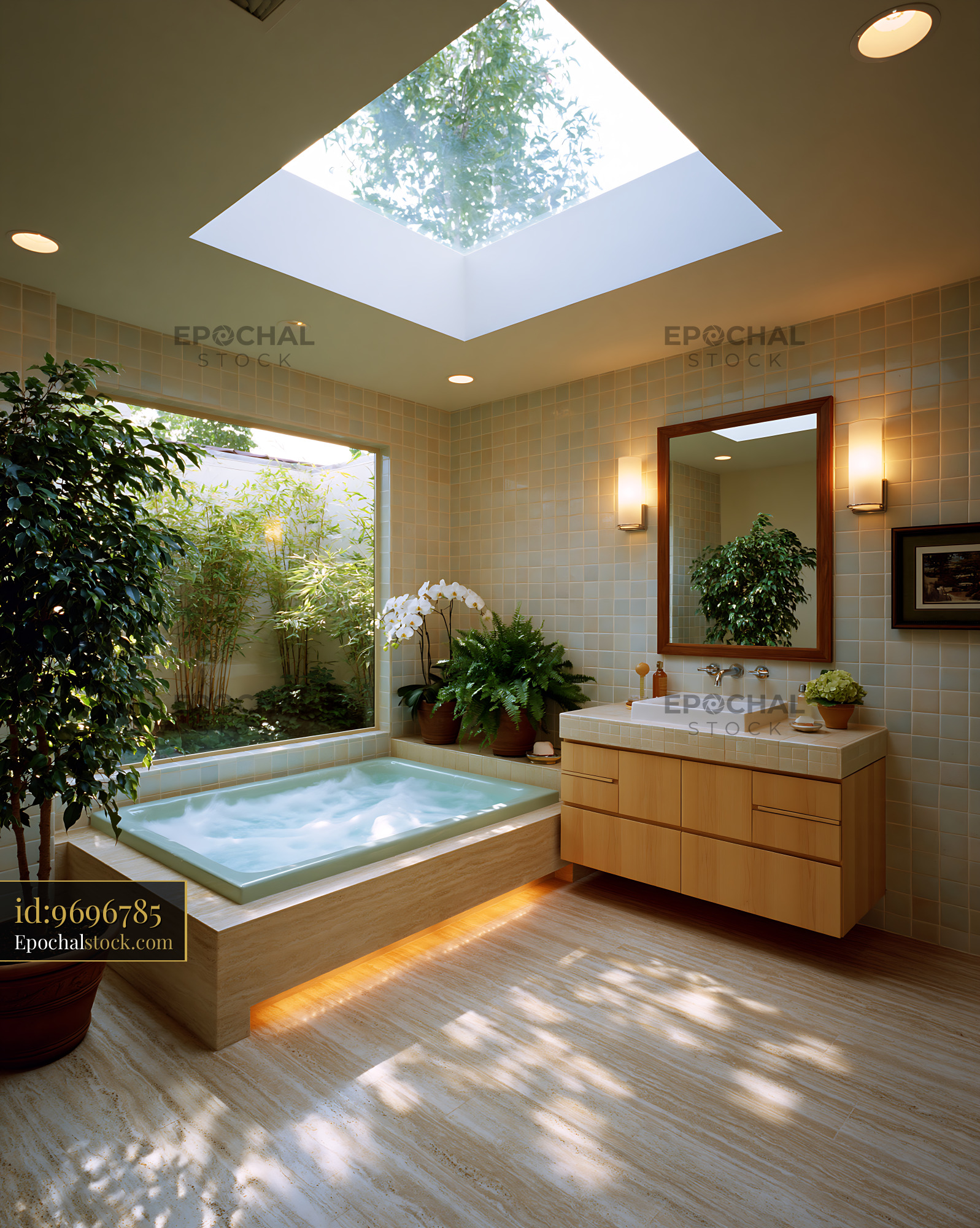 Watermarked full-resolution preview of Modern bathroom with natural light and indoor plants