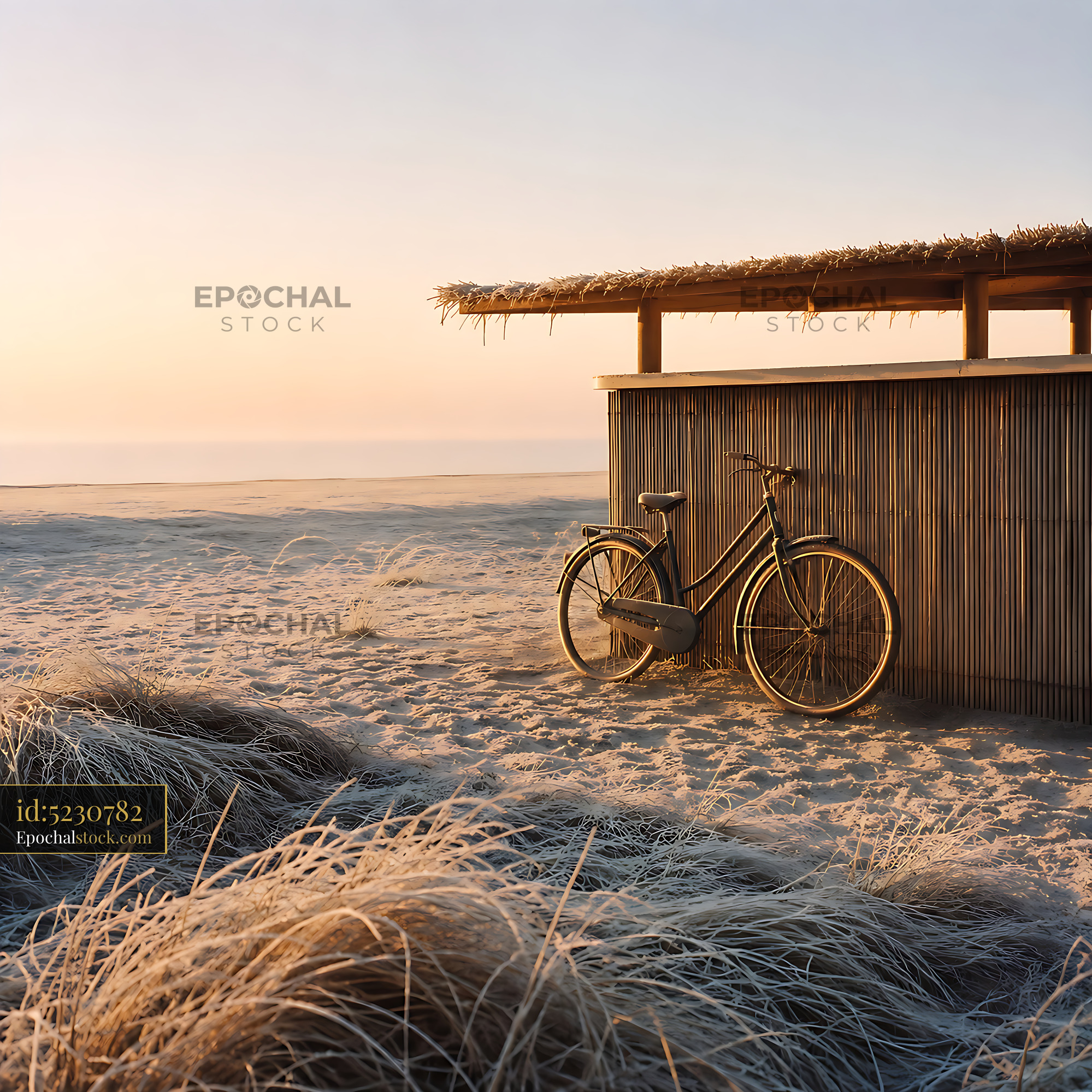 Bicycle Rests Near Wooden Hut on Sandy Beach at Sunset - stock photo