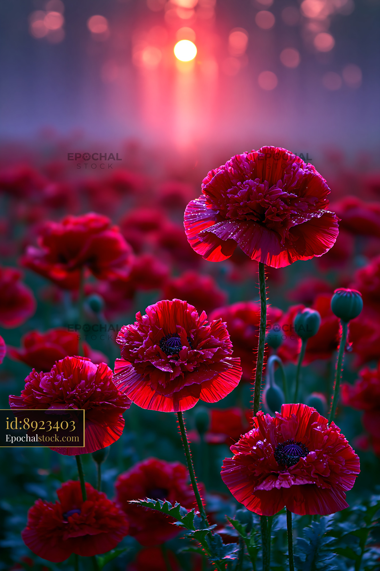 Watermarked full-resolution preview of Red poppies in a field at sunrise