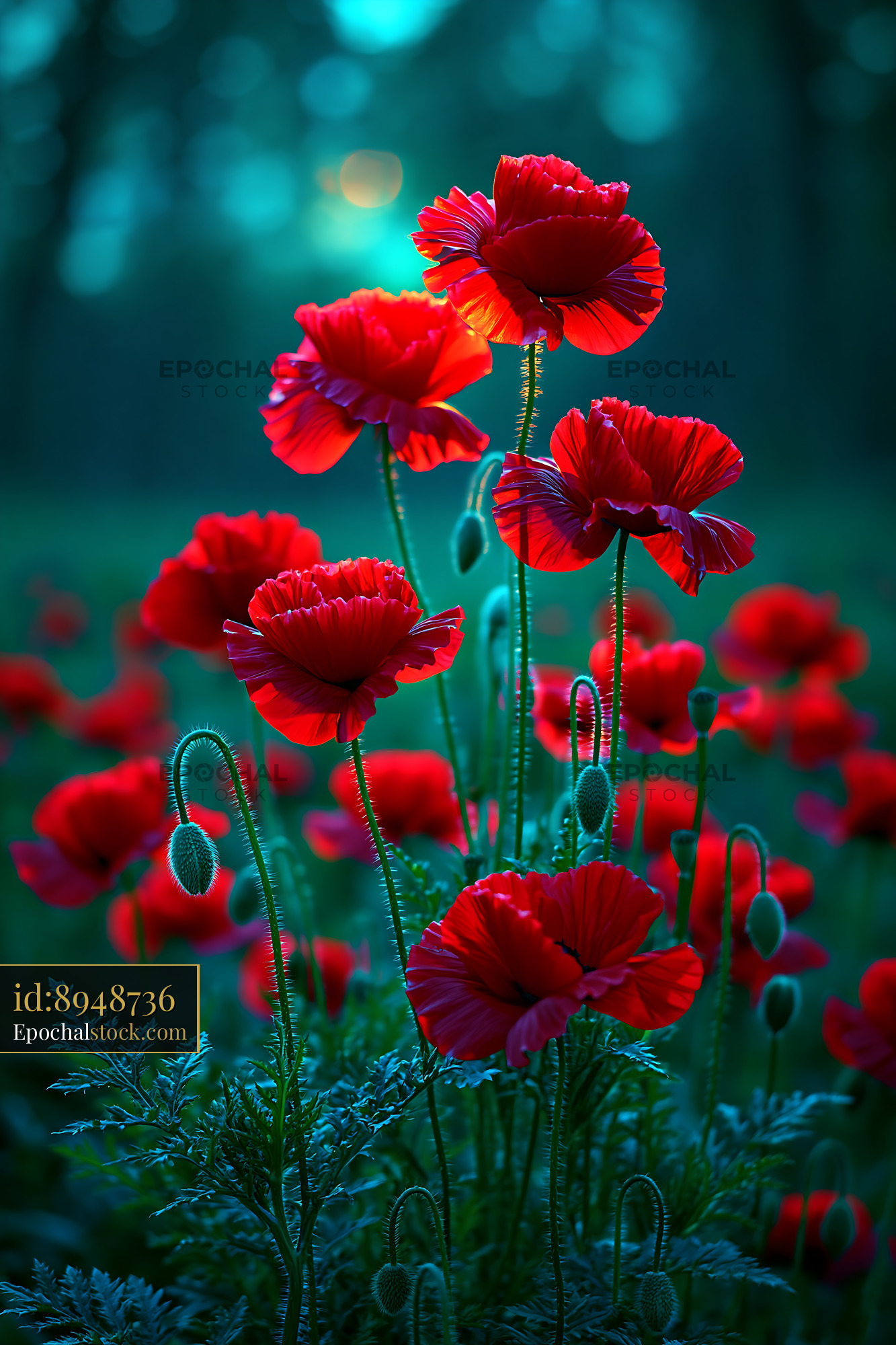 Watermarked full-resolution preview of Bright red poppies growing in a field at dusk