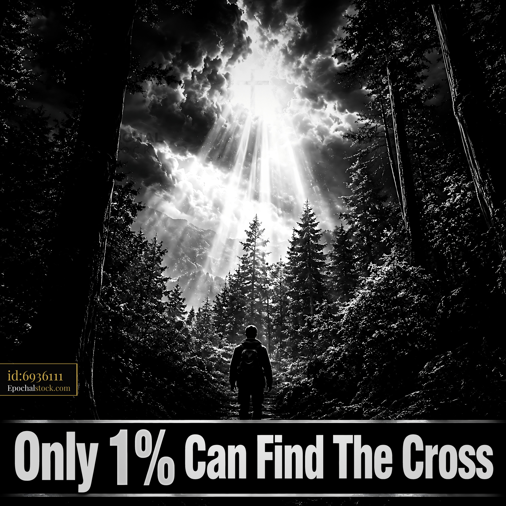 Watermarked full-resolution preview of Person walking in forest with sunlight and cross in background