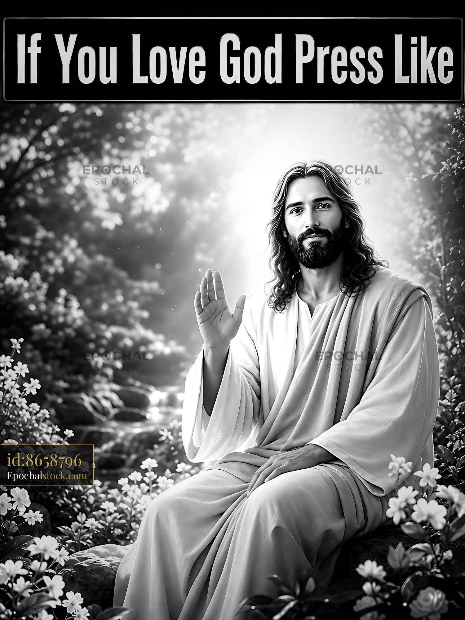 Watermarked full-resolution preview of Religious figure raises hand among flowers in a peaceful setting