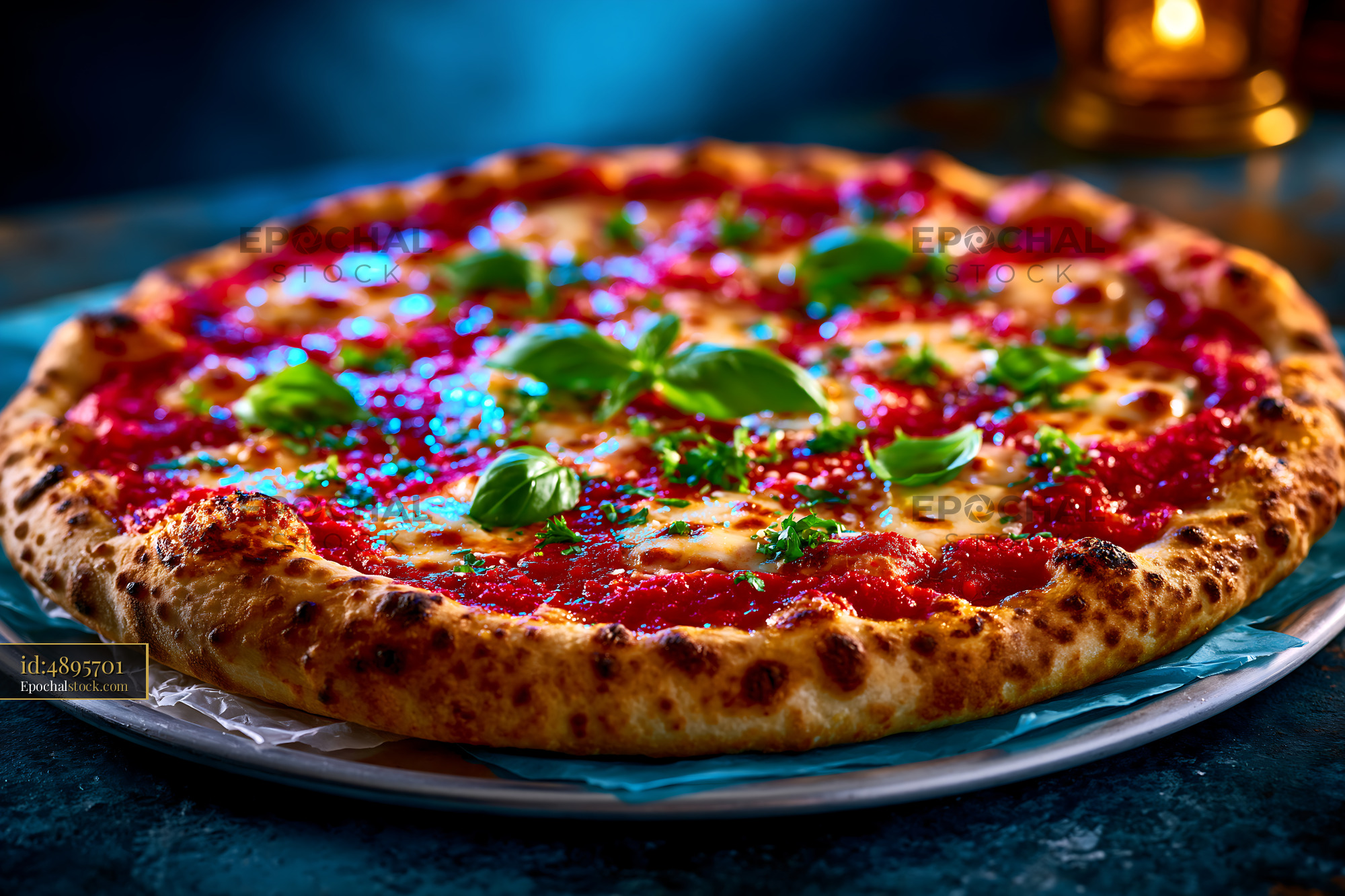 Watermarked full-resolution preview of Close view of homemade-style cheese pizza with fresh basil