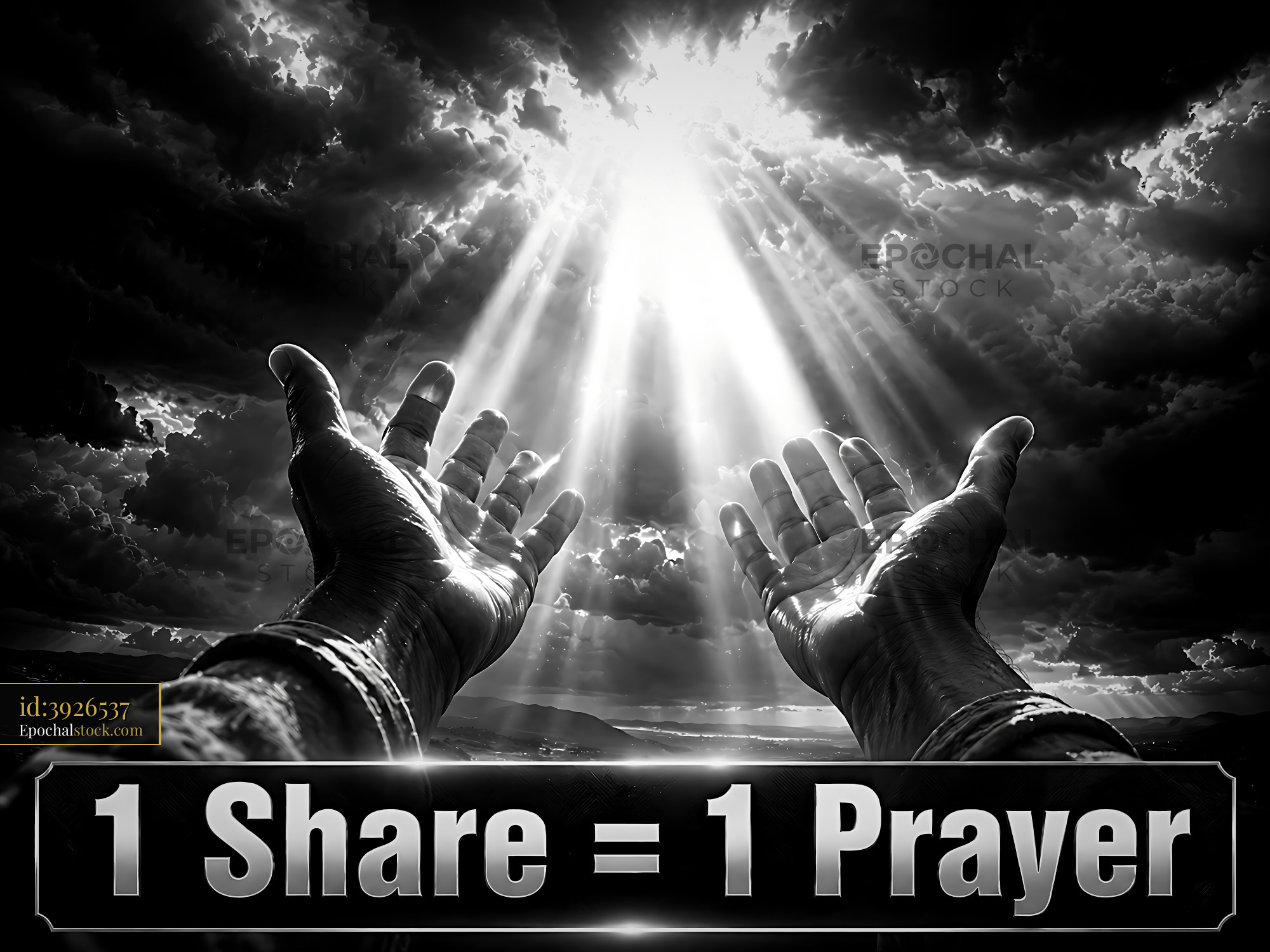 Watermarked full-resolution preview of Hands reaching towards light in dramatic sky