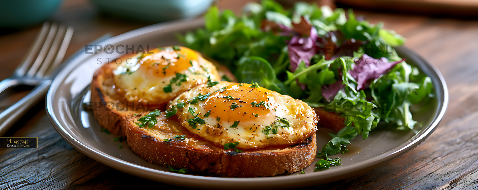 Watermarked full-resolution preview of Toasted Bread Topped with Fried Eggs and Salad