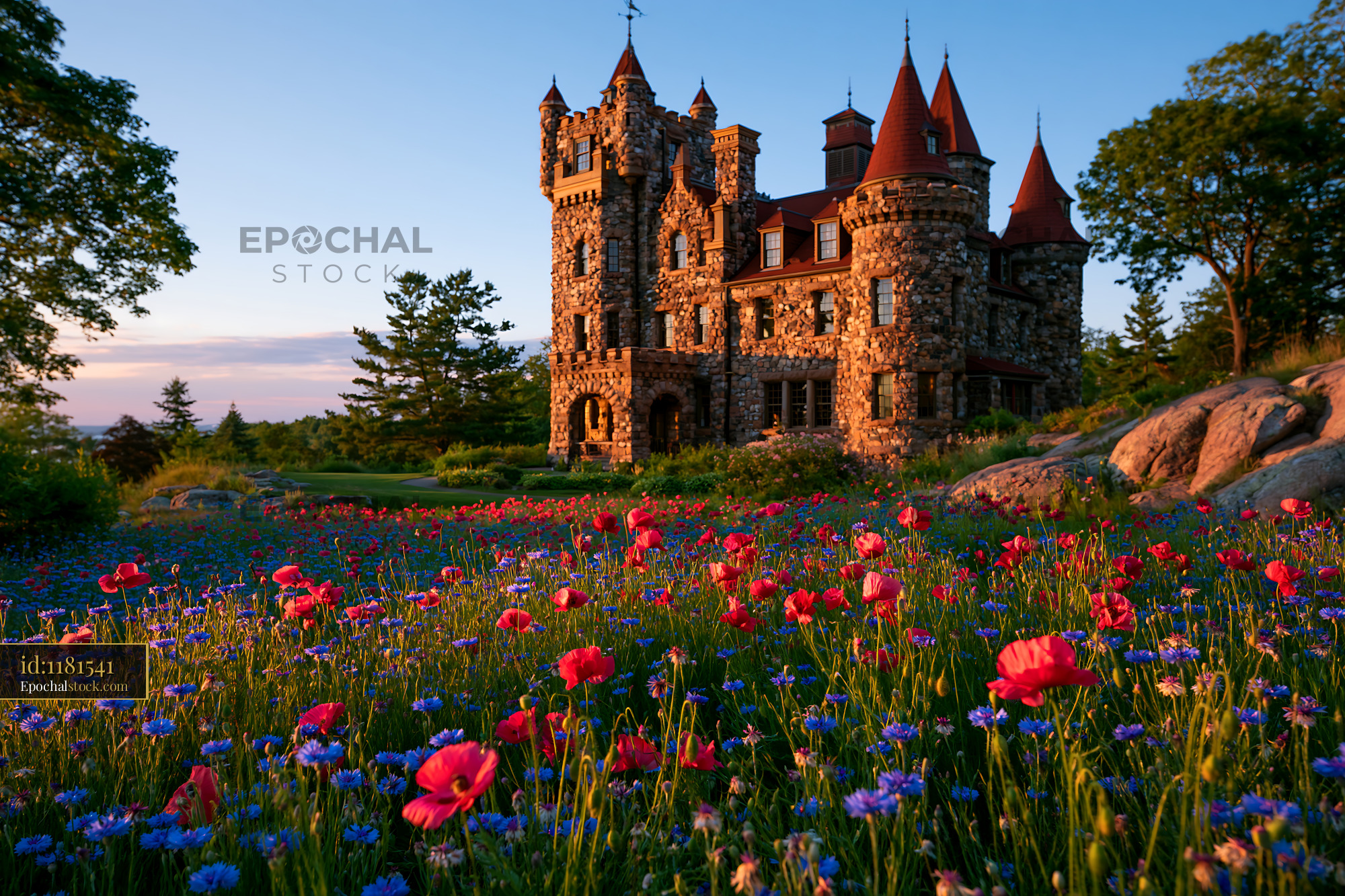 Watermarked full-resolution preview of Castle surrounded by colorful flowers in a vibrant landscape