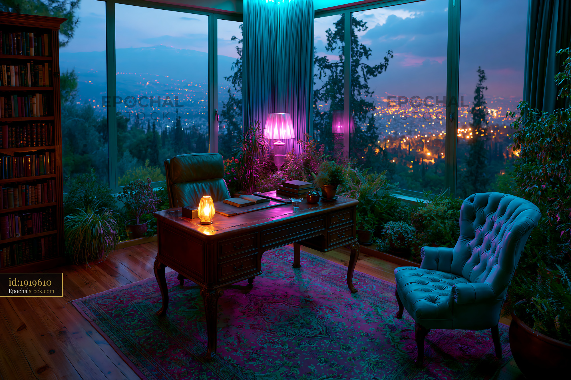Watermarked full-resolution preview of Cozy home study overlooking a city at dusk