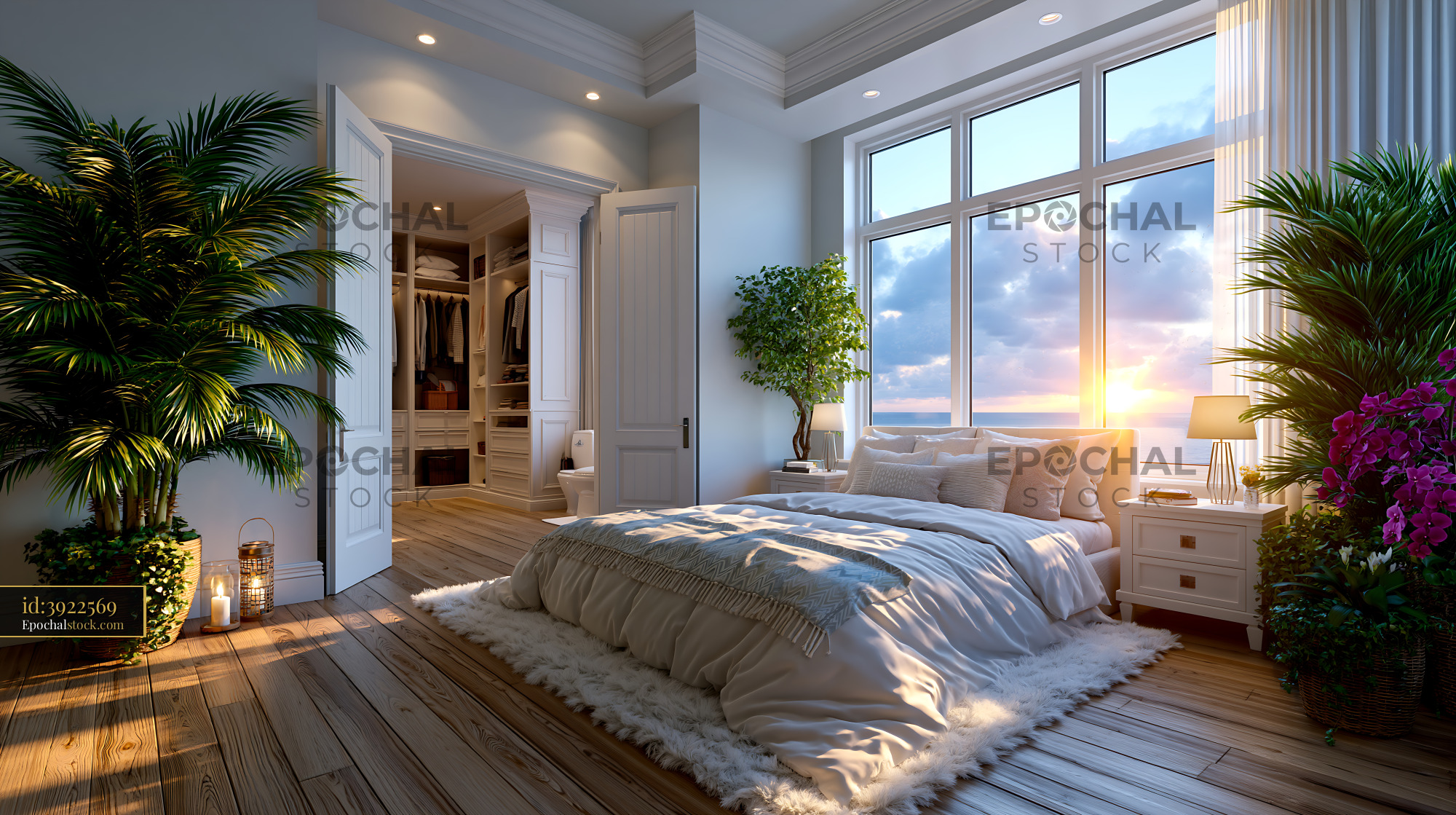 Watermarked full-resolution preview of Bright luxury bedroom overlooking the ocean at sunset