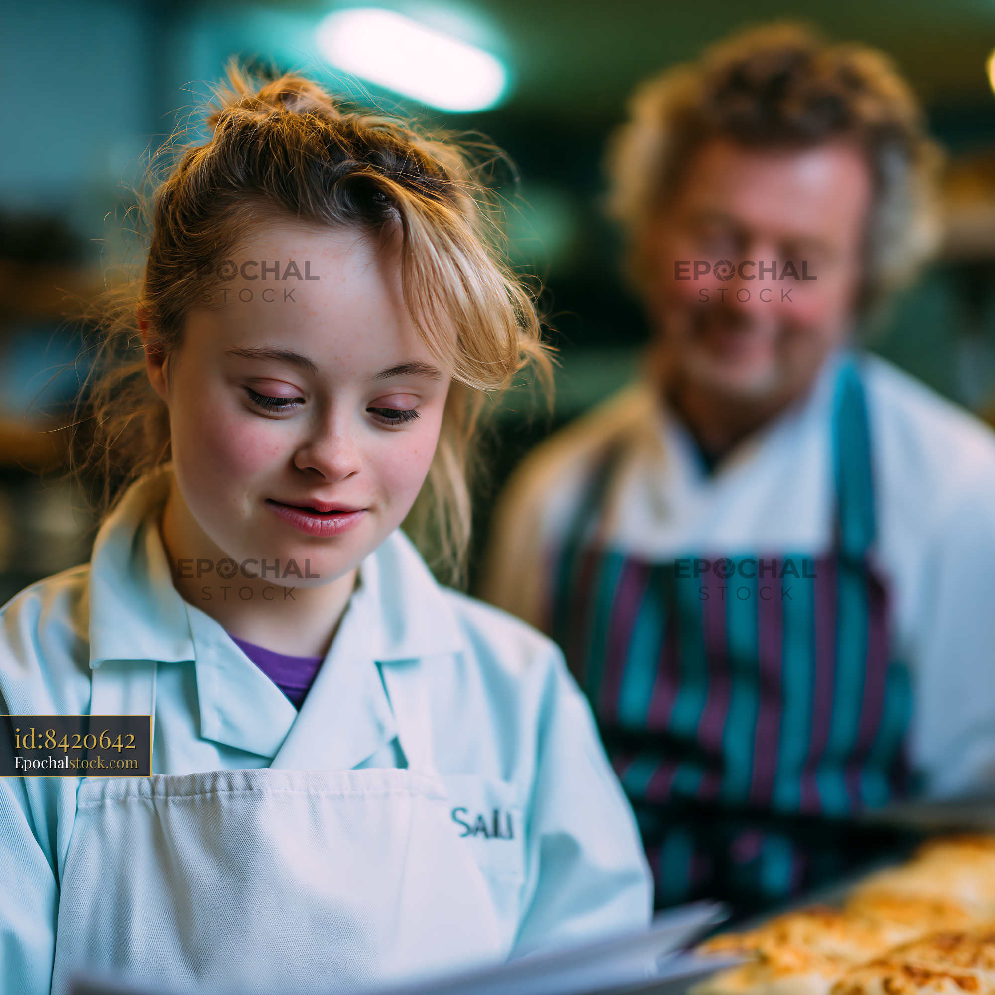 Watermarked full-resolution preview of Young baker reading recipe in bakery