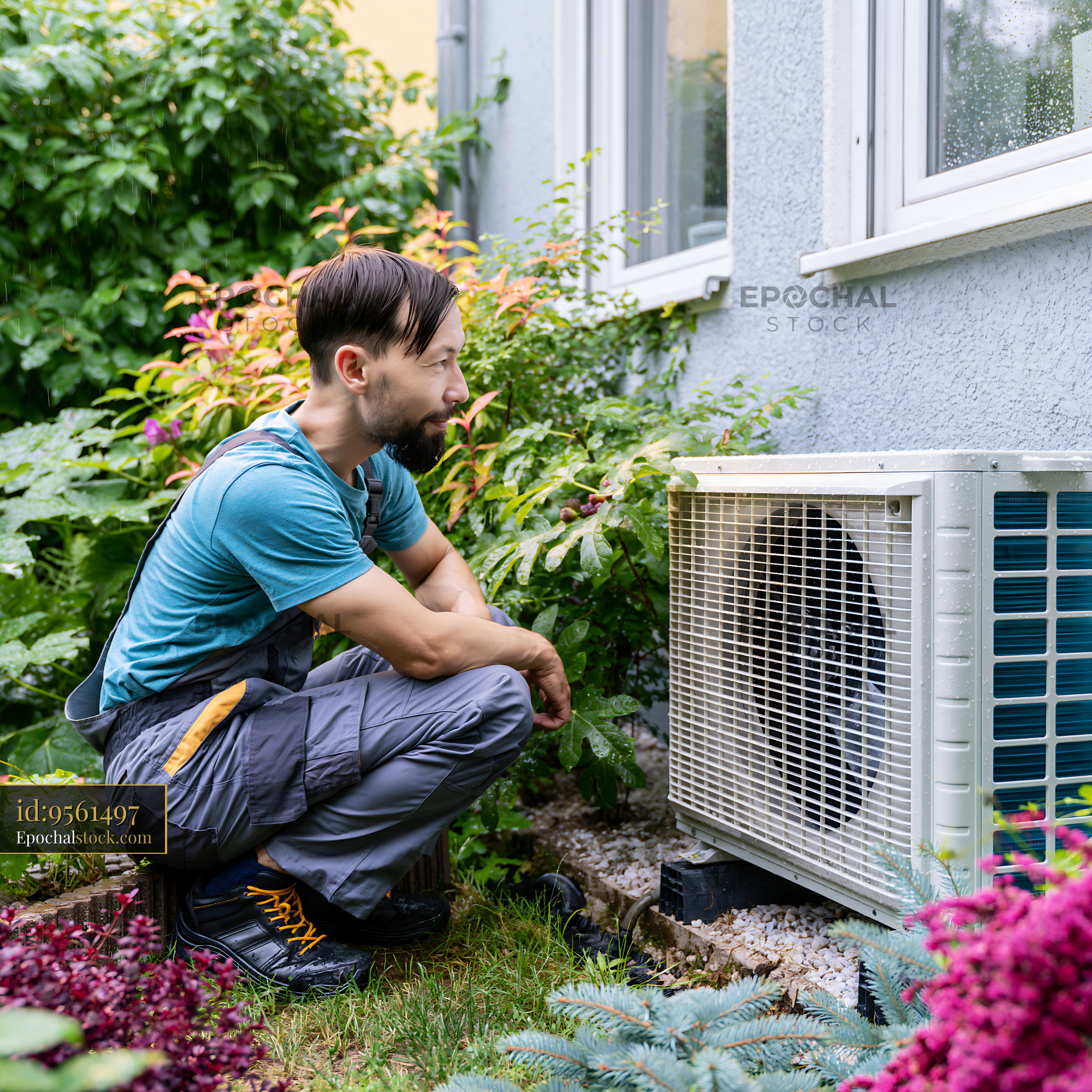 Watermarked full-resolution preview of Technician inspects air conditioning unit in home garden