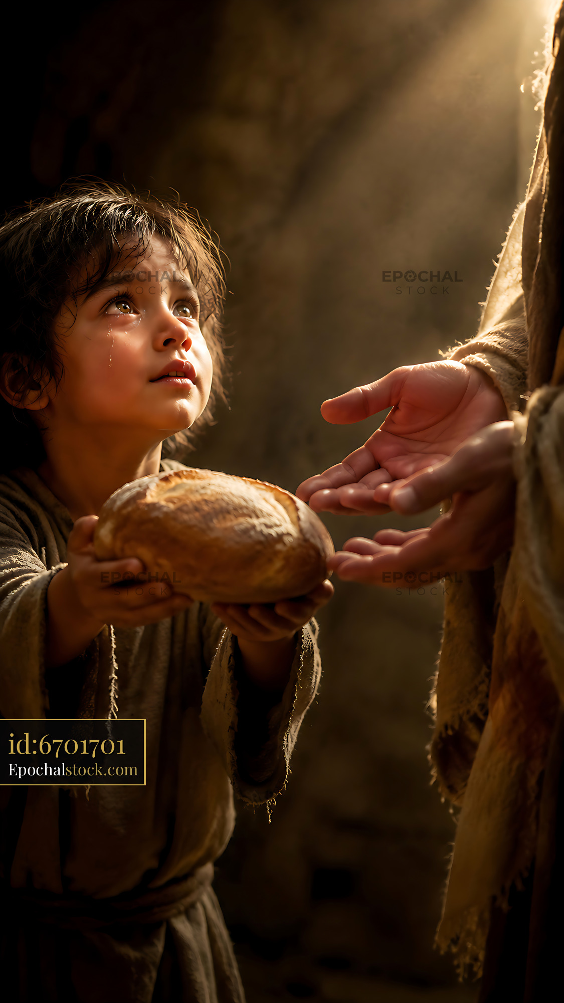 Watermarked full-resolution preview of Child receiving bread from adult in dimly lit setting
