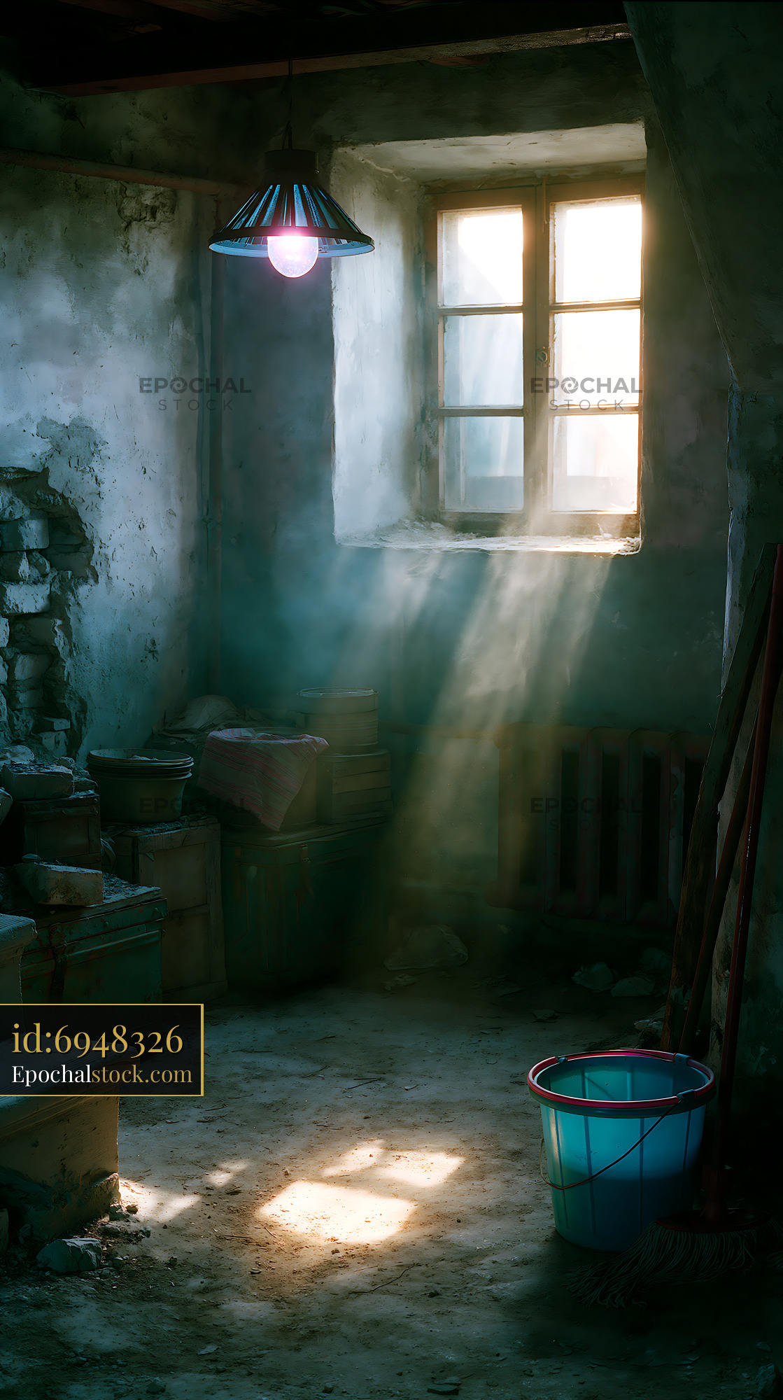Watermarked full-resolution preview of Moody rustic room with window light and hanging lamp