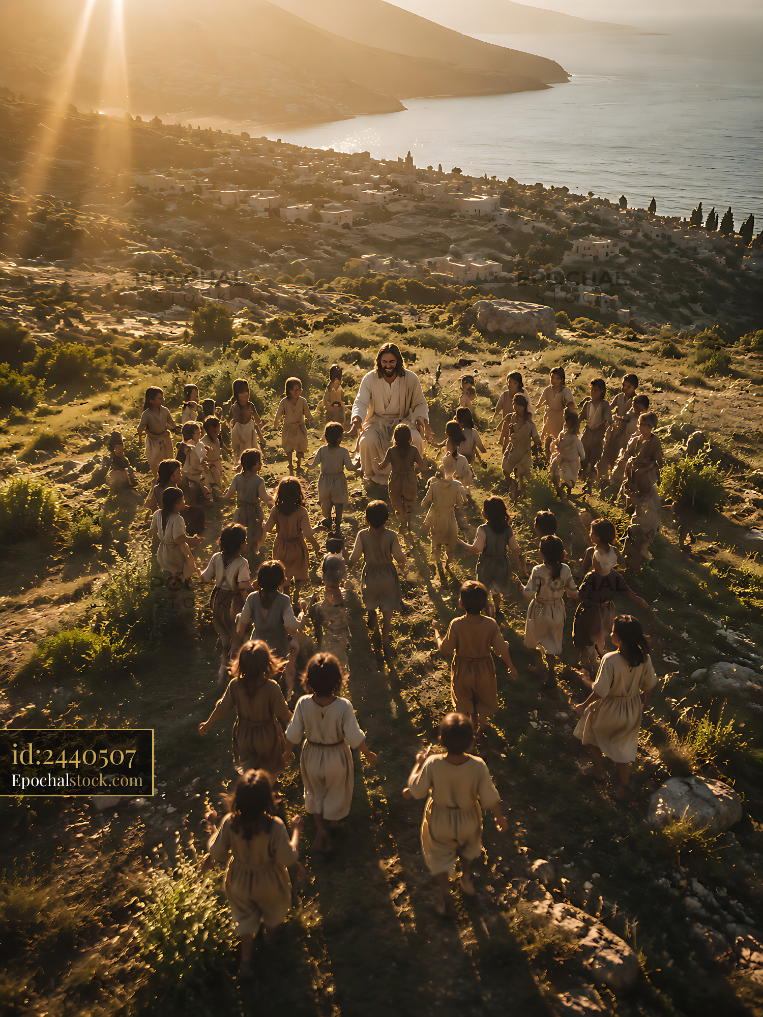 Watermarked full-resolution preview of People gather in a field during sunset near a coastal village