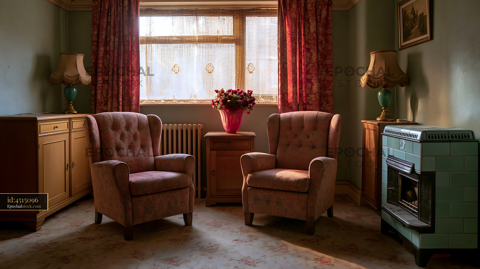 Watermarked full-resolution preview of Cozy traditional sitting room with flowers and vintage furnishings