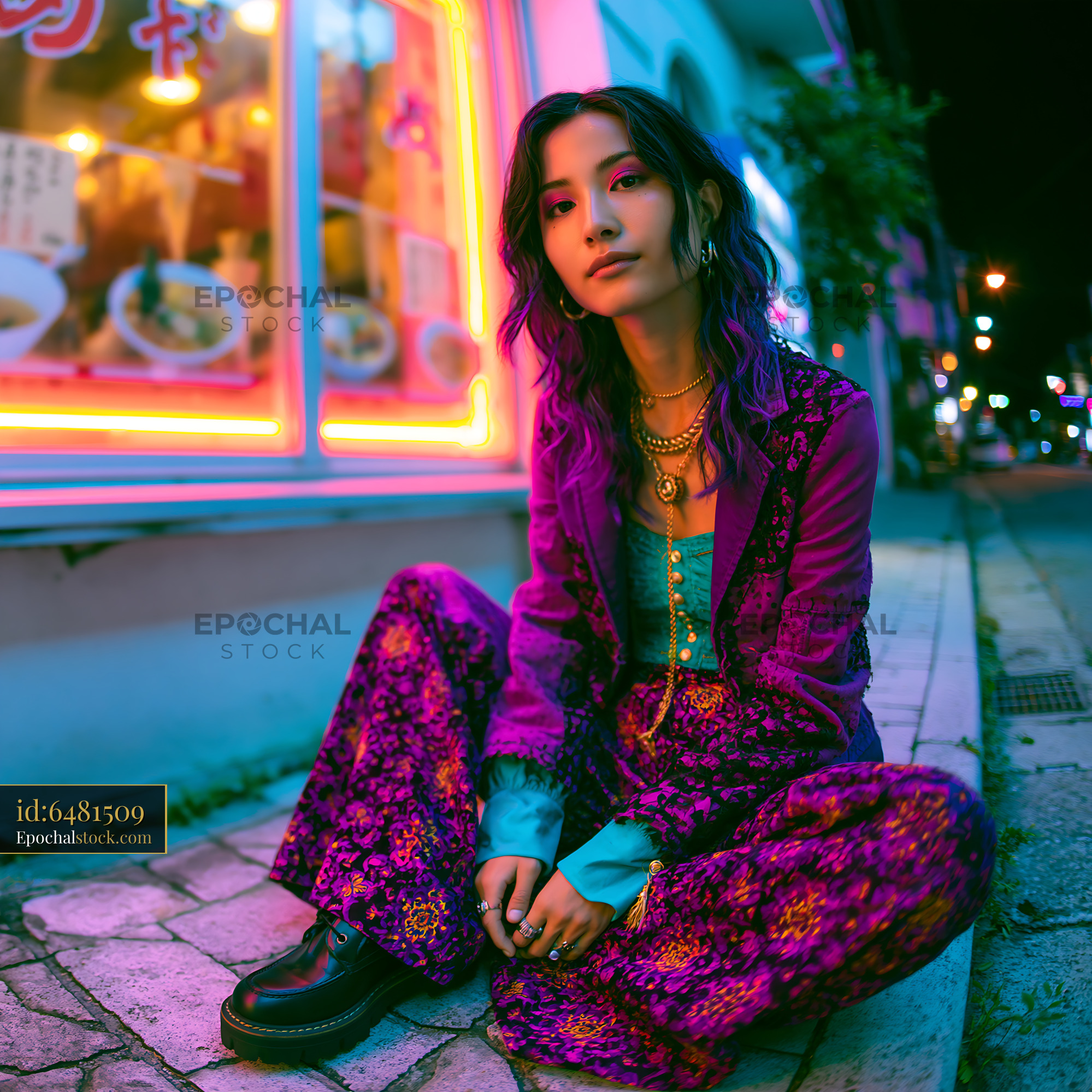 Watermarked full-resolution preview of Colorful street fashion portrait beside neon lights
