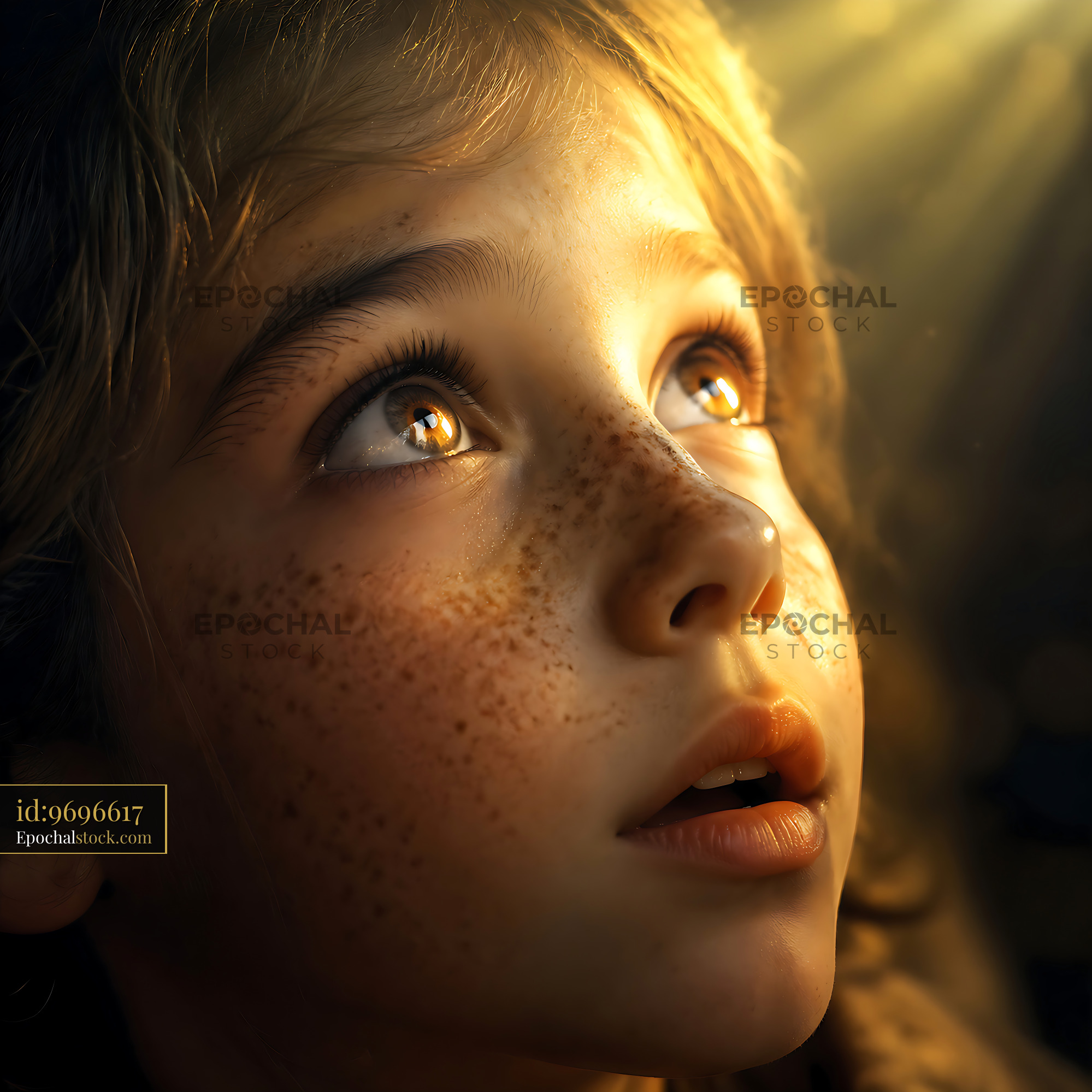 Watermarked full-resolution preview of Child looking up with bright eyes and freckles in warm light