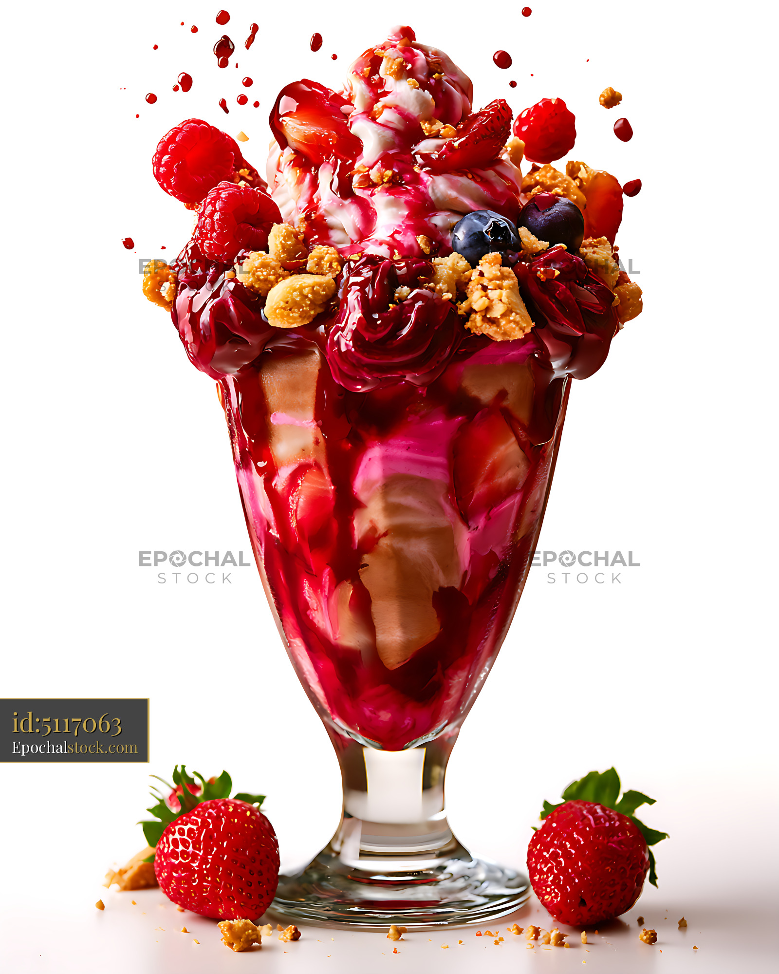Watermarked full-resolution preview of Colorful berry ice cream sundae in a glass