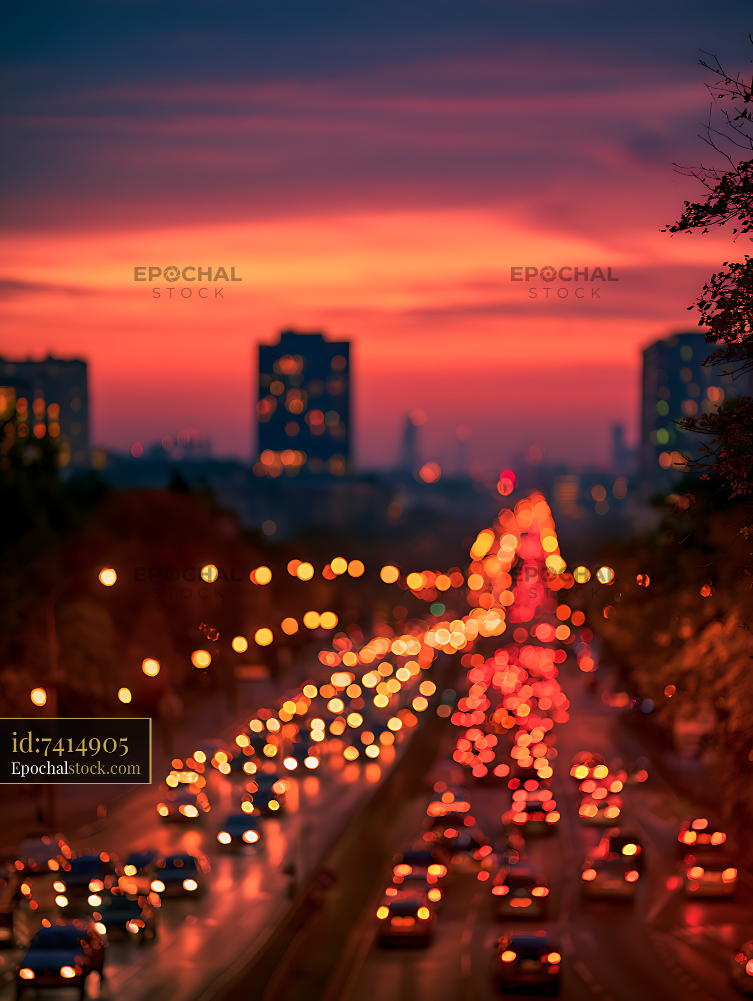 Watermarked full-resolution preview of Vibrant bokeh traffic at sunset in the city