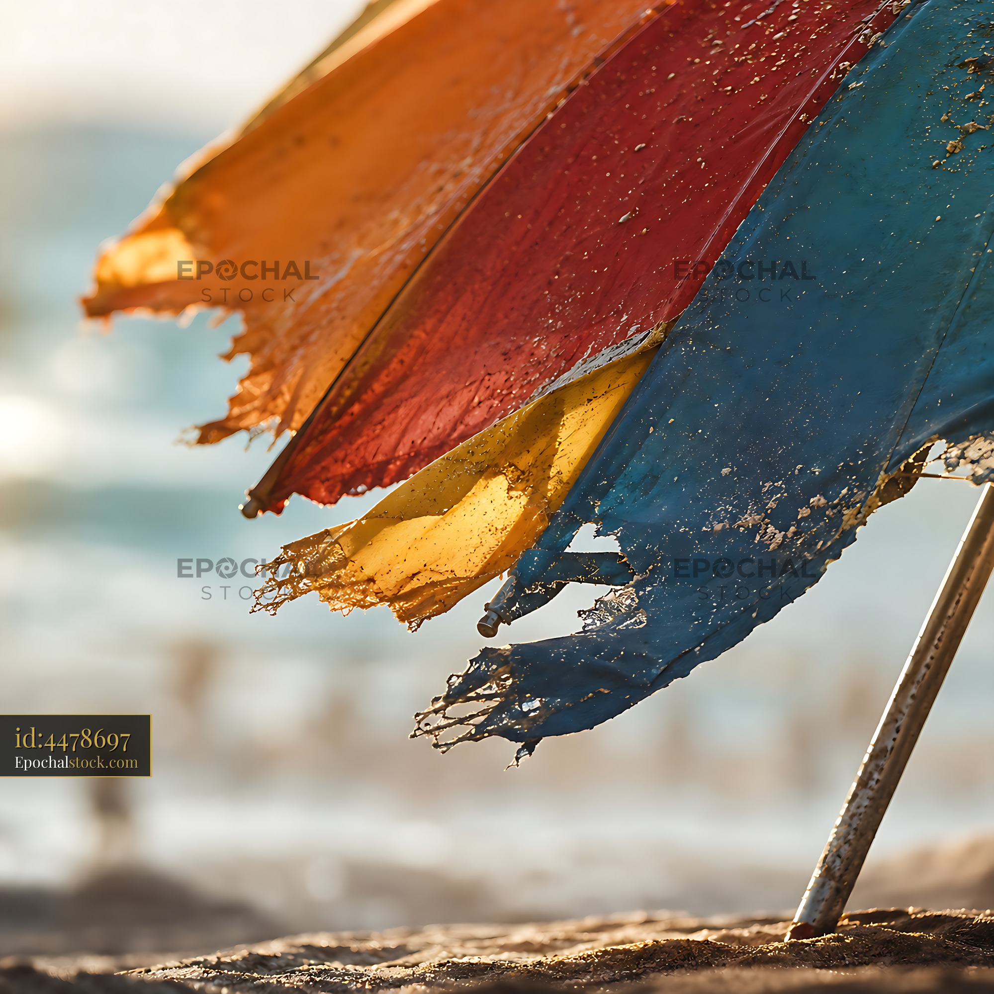 Watermarked full-resolution preview of Weathered beach umbrella near ocean waves