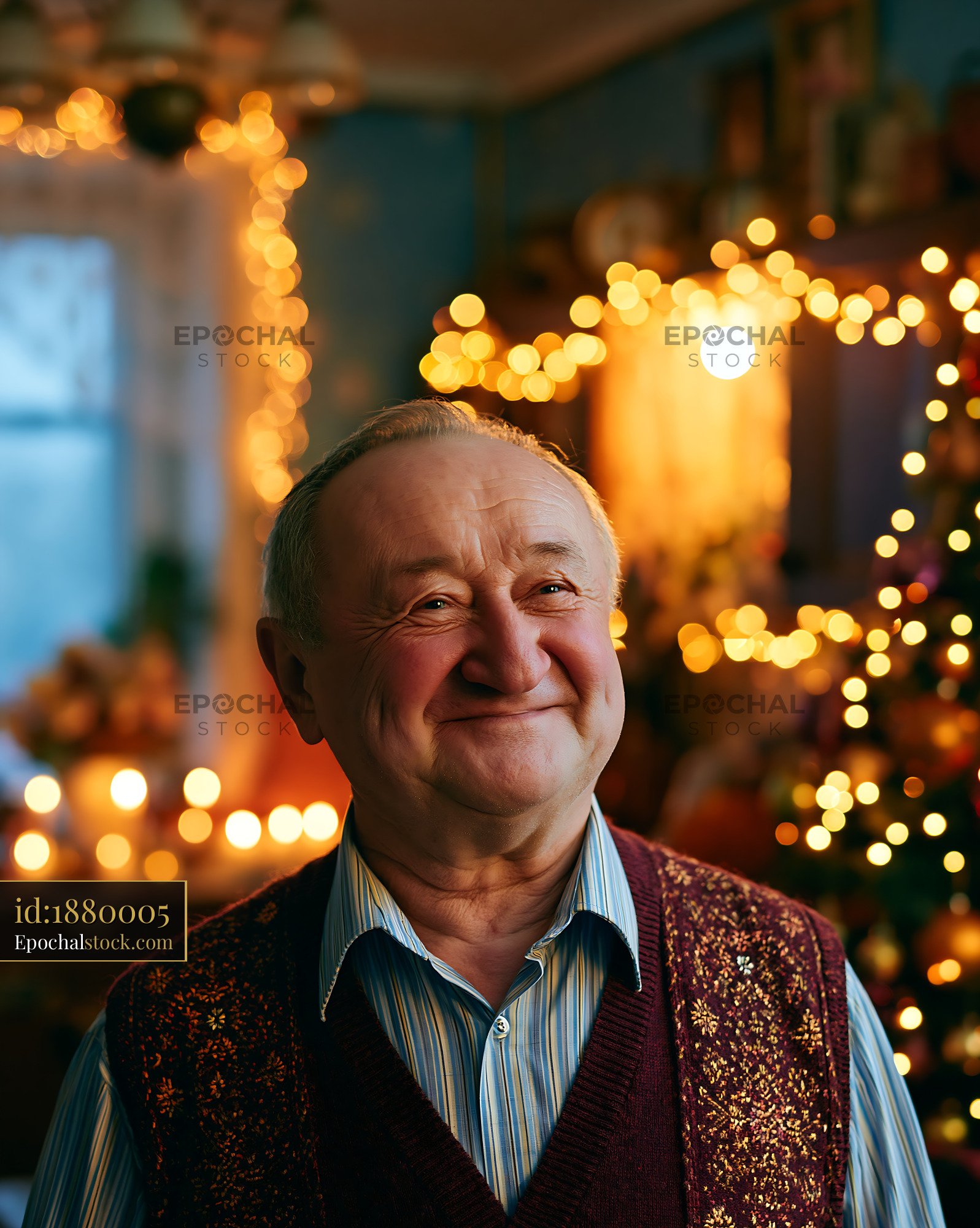 Watermarked full-resolution preview of Smiling elder man in a warmly decorated room