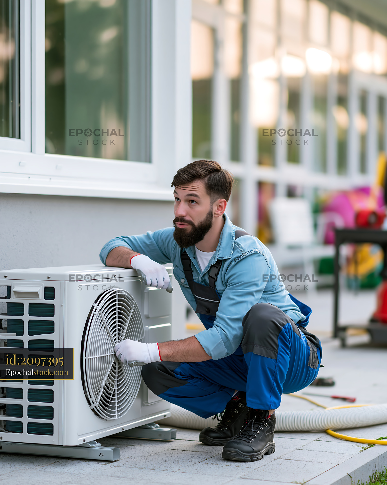 Watermarked full-resolution preview of Technician working on air conditioning unit outside a building
