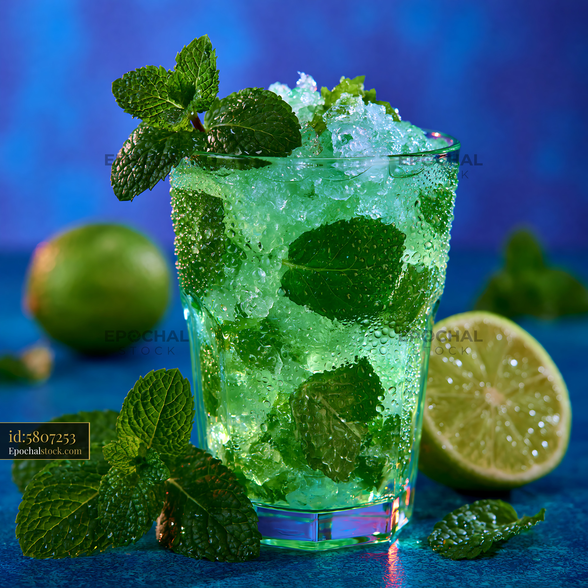 Watermarked full-resolution preview of Chilled mint and lime beverage with ice and condensation