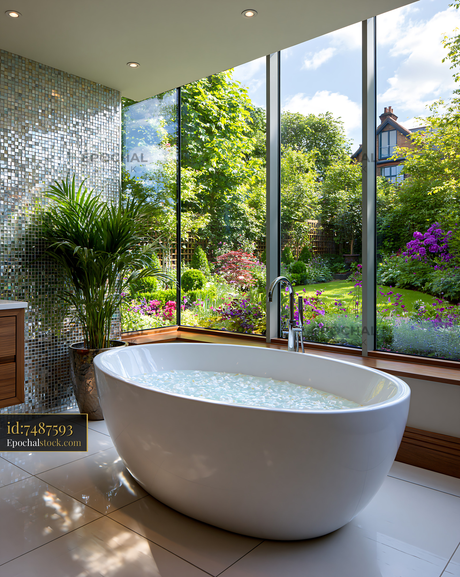 Watermarked full-resolution preview of Modern bathroom with freestanding tub and garden view