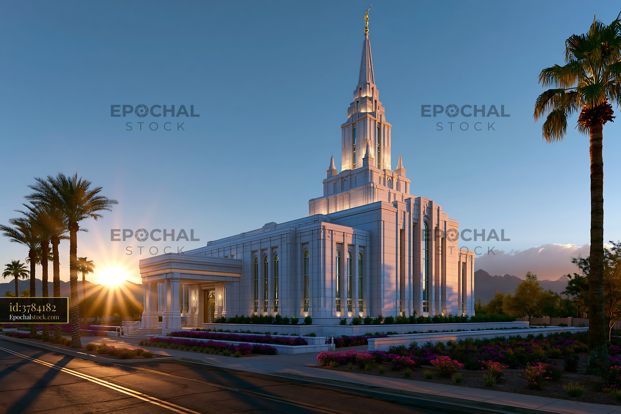 Watermarked full-resolution preview of Sunset view of a temple with palm trees in the foreground