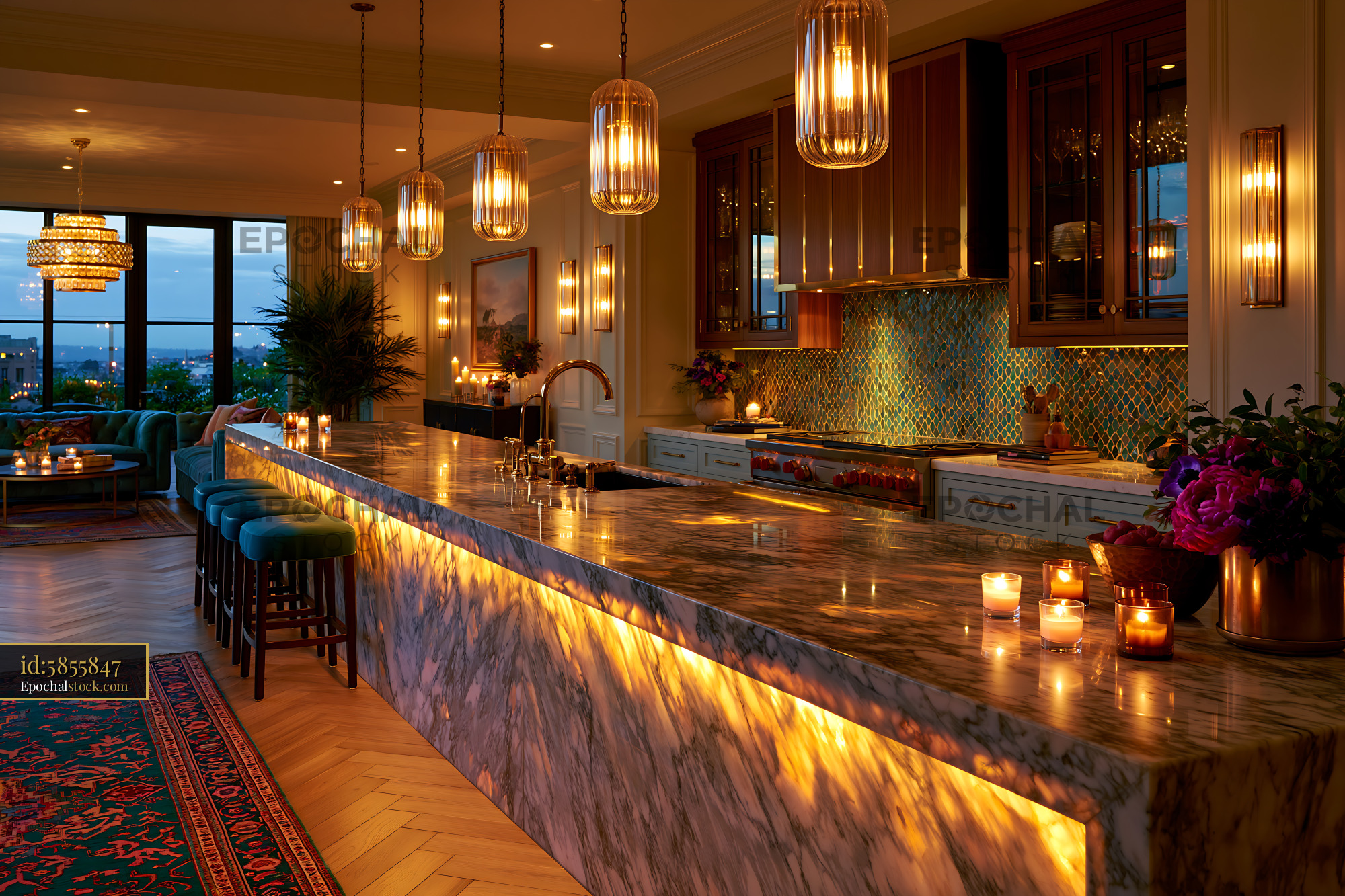 Palatial Chef's Kitchen With Marble Waterfall and Evening Light — stock example for Imagen 4 Fast solution examples