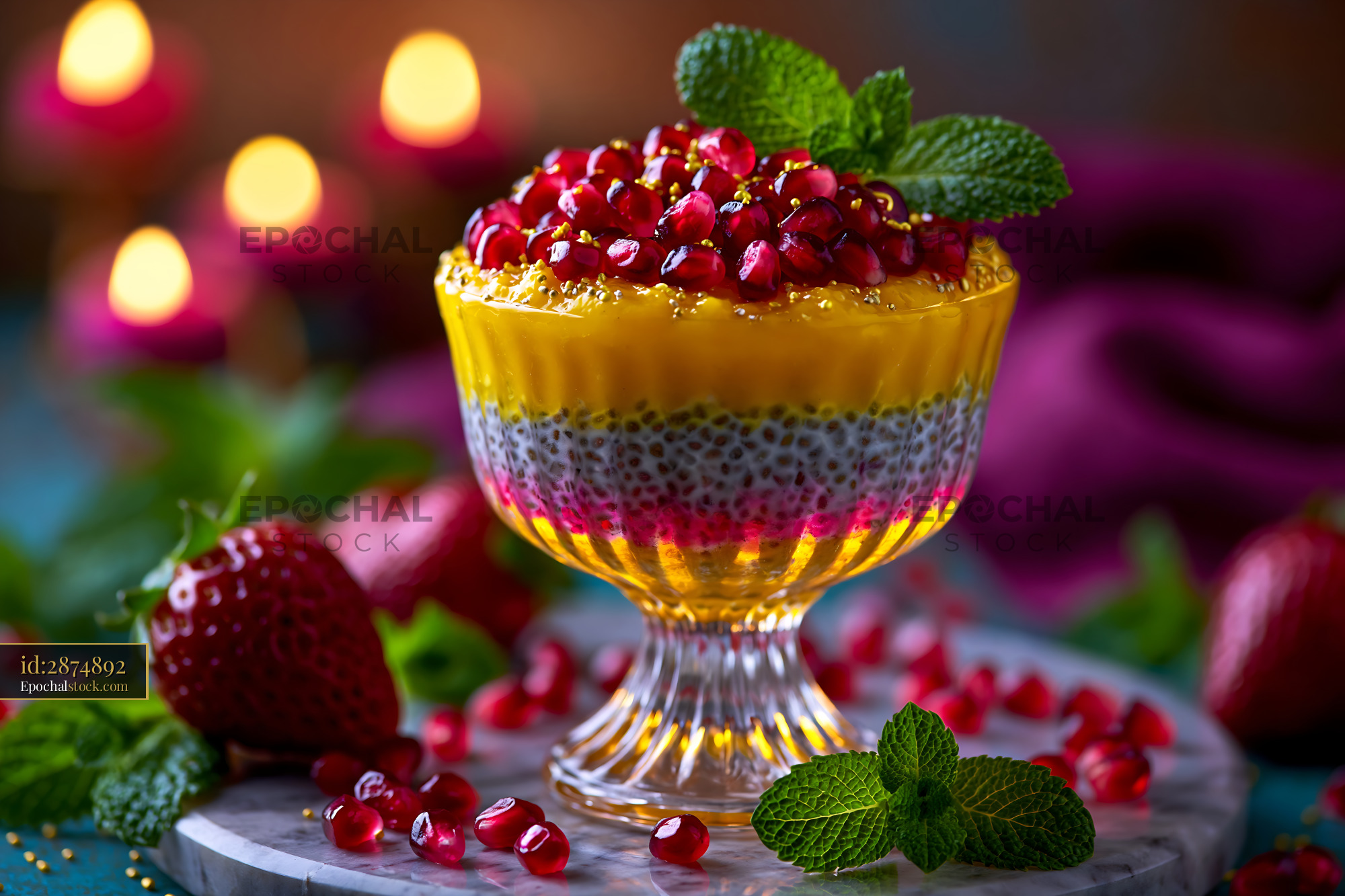 Watermarked full-resolution preview of Colorful layered chia pudding dessert with fresh fruit