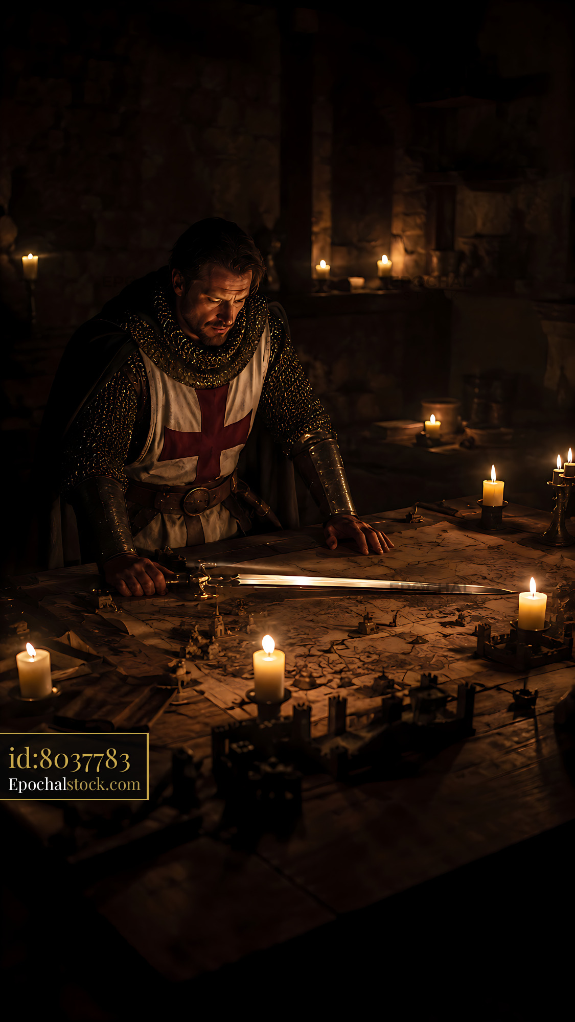 Watermarked full-resolution preview of Knight examining a map on a table surrounded by candles