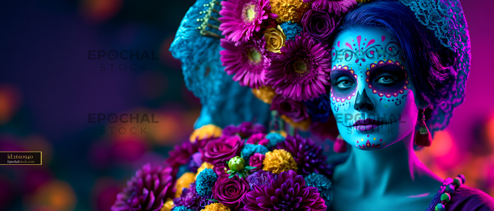Watermarked full-resolution preview of Colorful floral skull makeup portrait