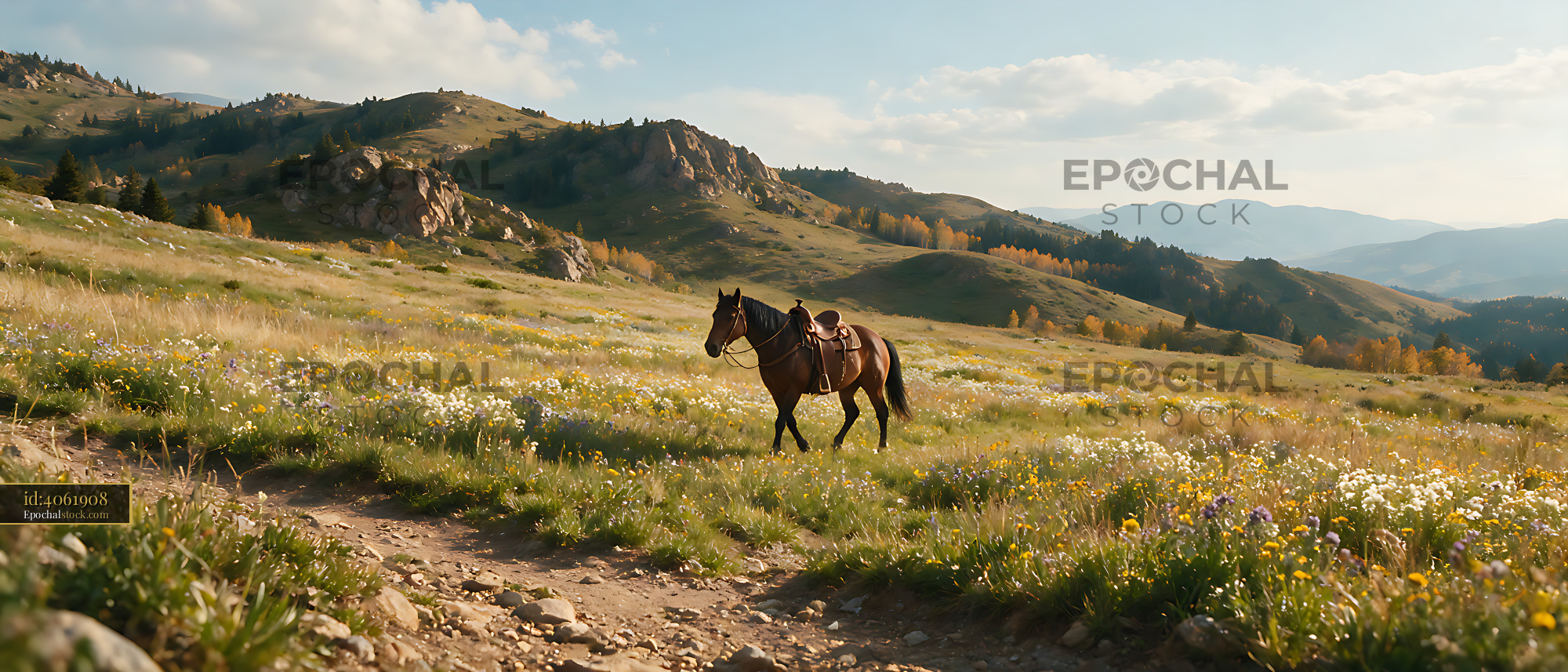 Watermarked full-resolution preview of Saddled horse in a flowering alpine meadow