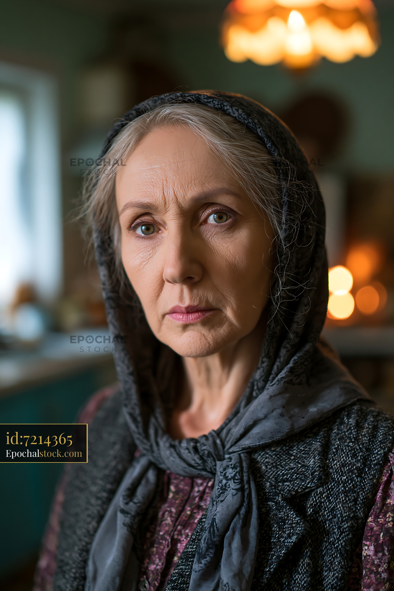 Watermarked full-resolution preview of Elderly woman in a scarf looks directly at the camera