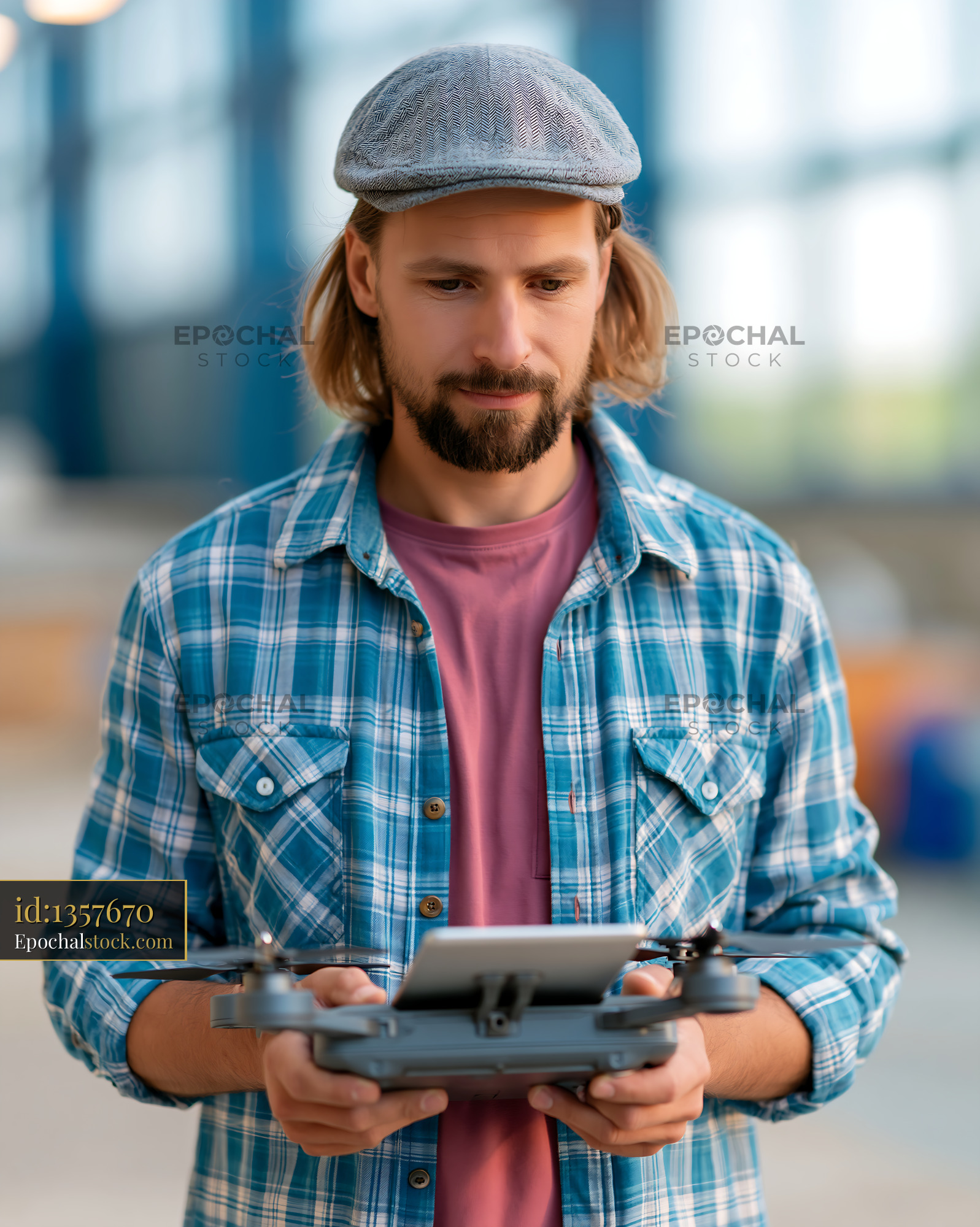 Watermarked full-resolution preview of Man operates a drone indoors with a controller in hand